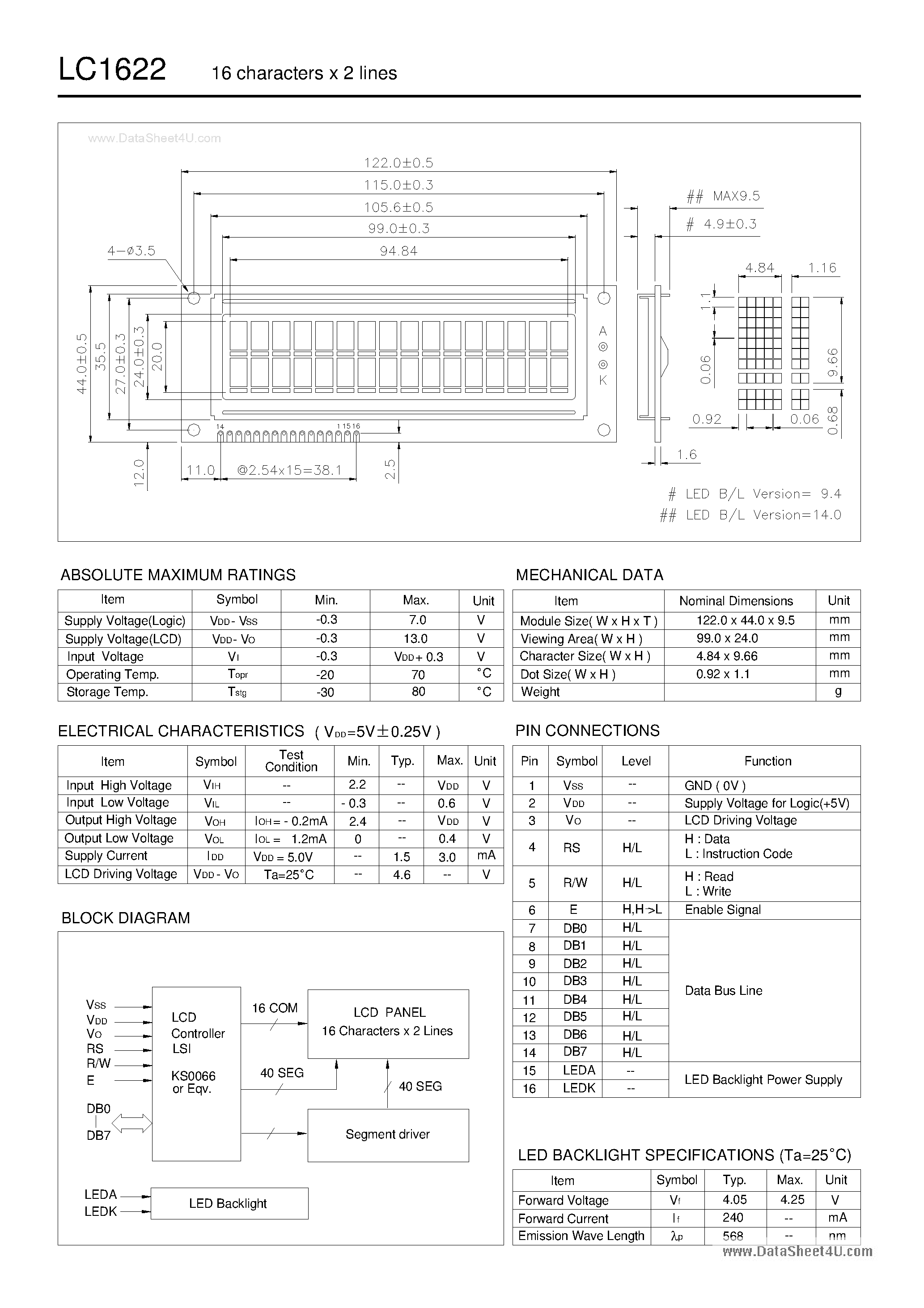 Даташит LC1622 - LCD Module страница 1