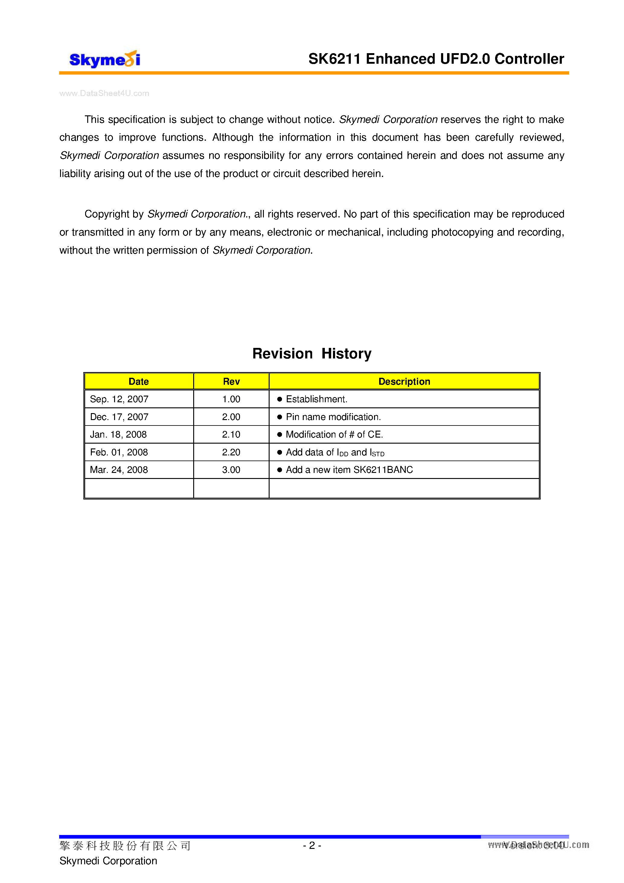 Datasheet SK6211Bx page 2 Datasheet SK6211Bx - Enhanced UFD Controller page 2