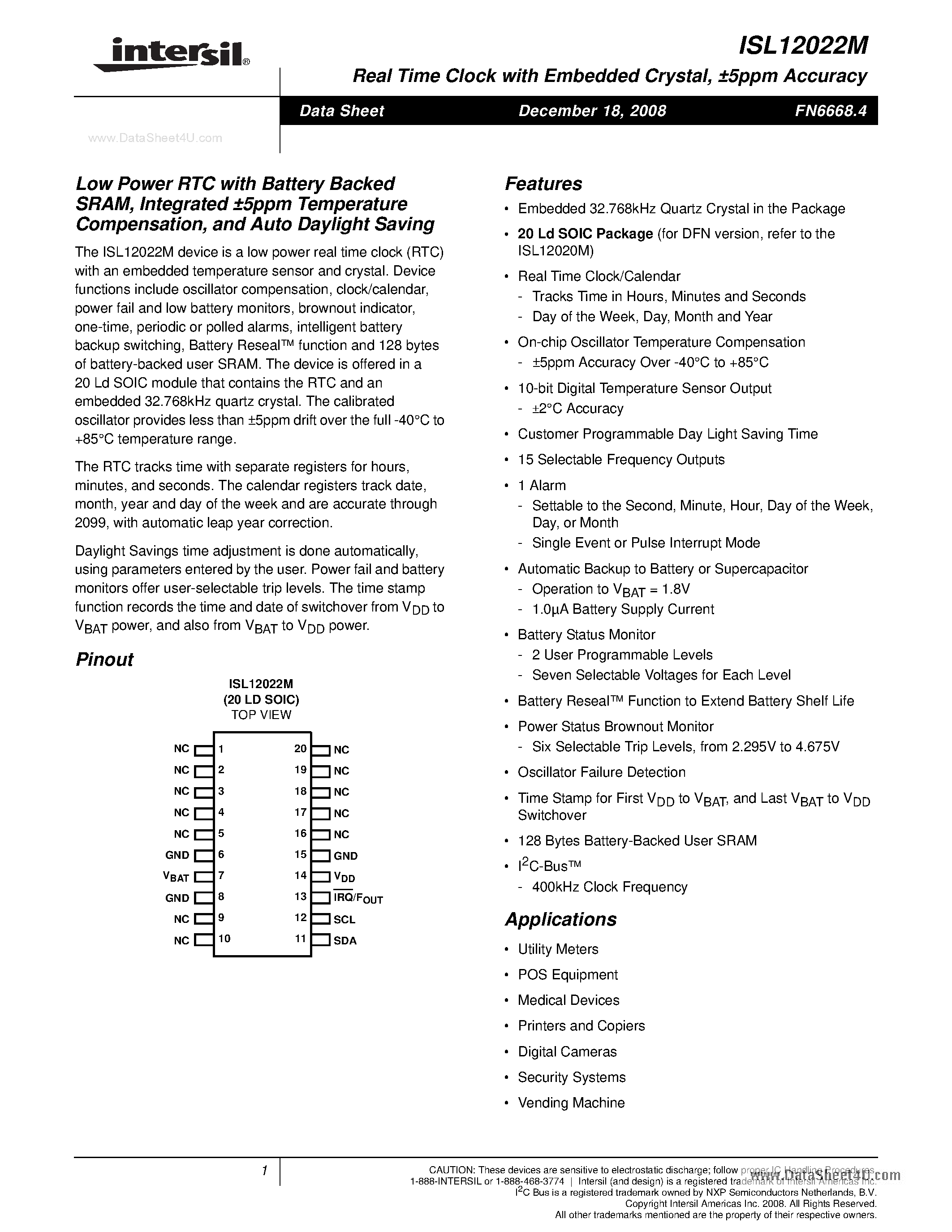 Datasheet ISL12022M - Real Time Clock page 1