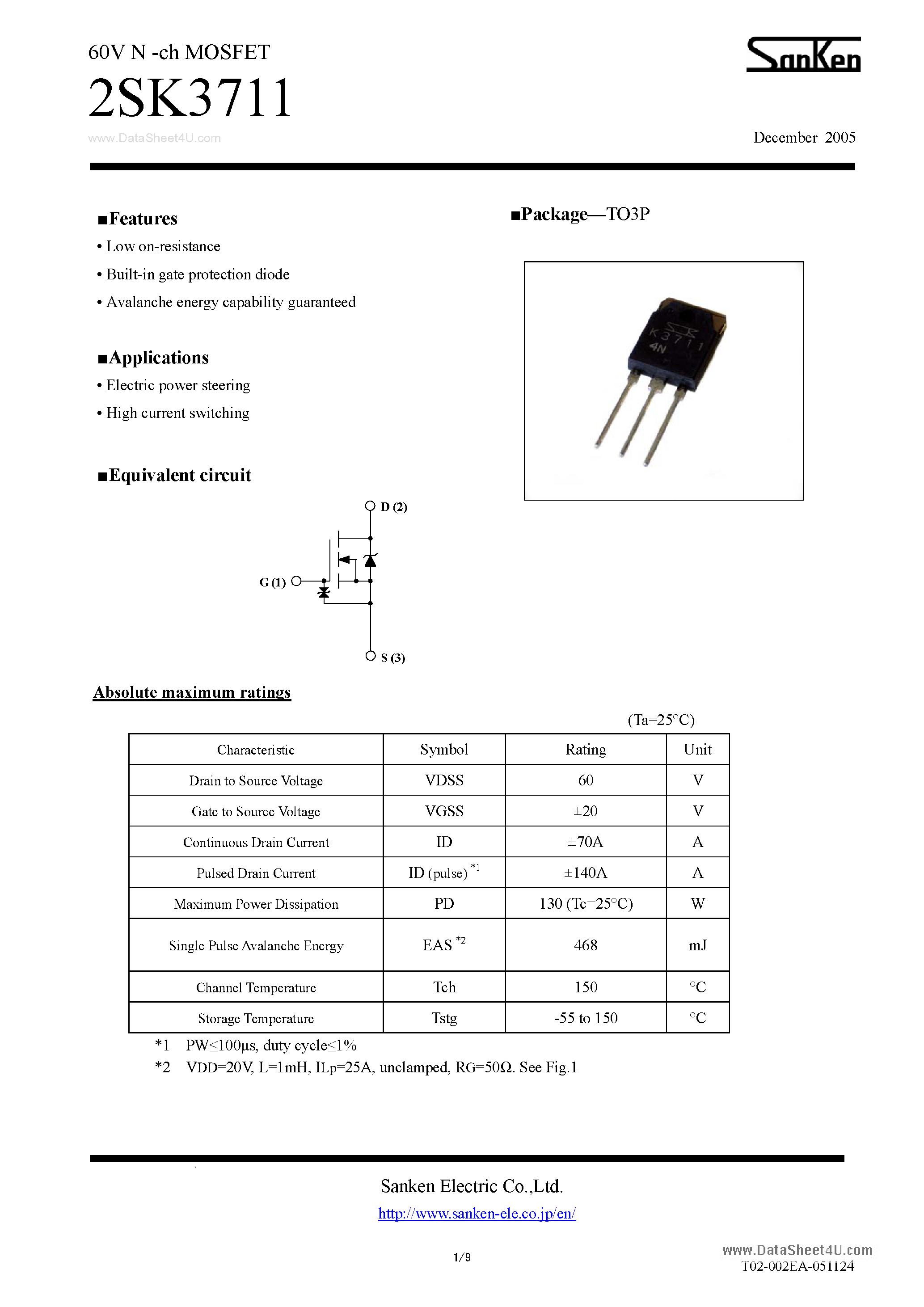 Datasheet 2SK3711 - Low on-resistance page 1