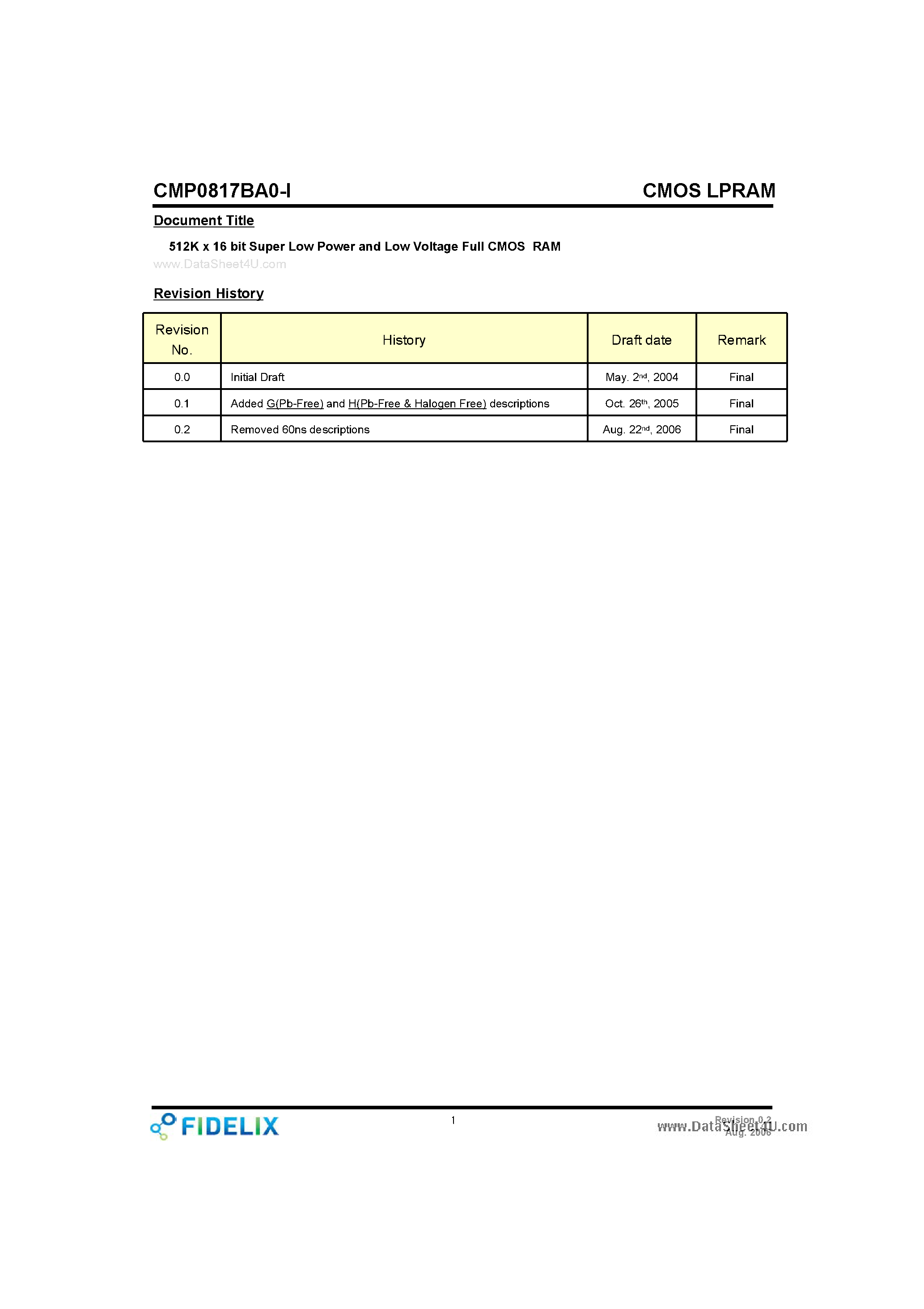 Datasheet CMP0817BA0-I - CMOS LPRAM page 1