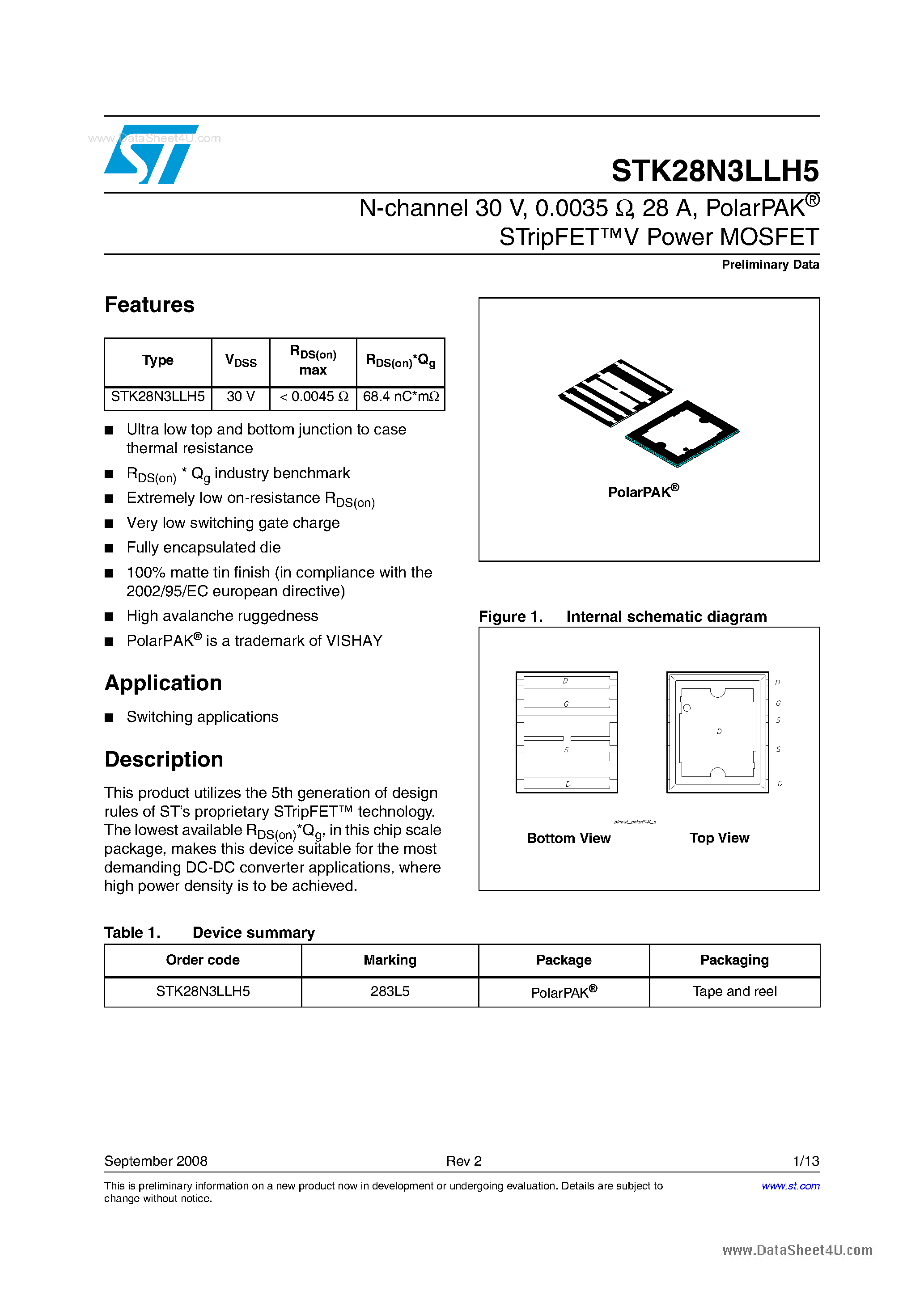 Datasheet STK28N3LLH5 - N-channel Power MOSFET page 1