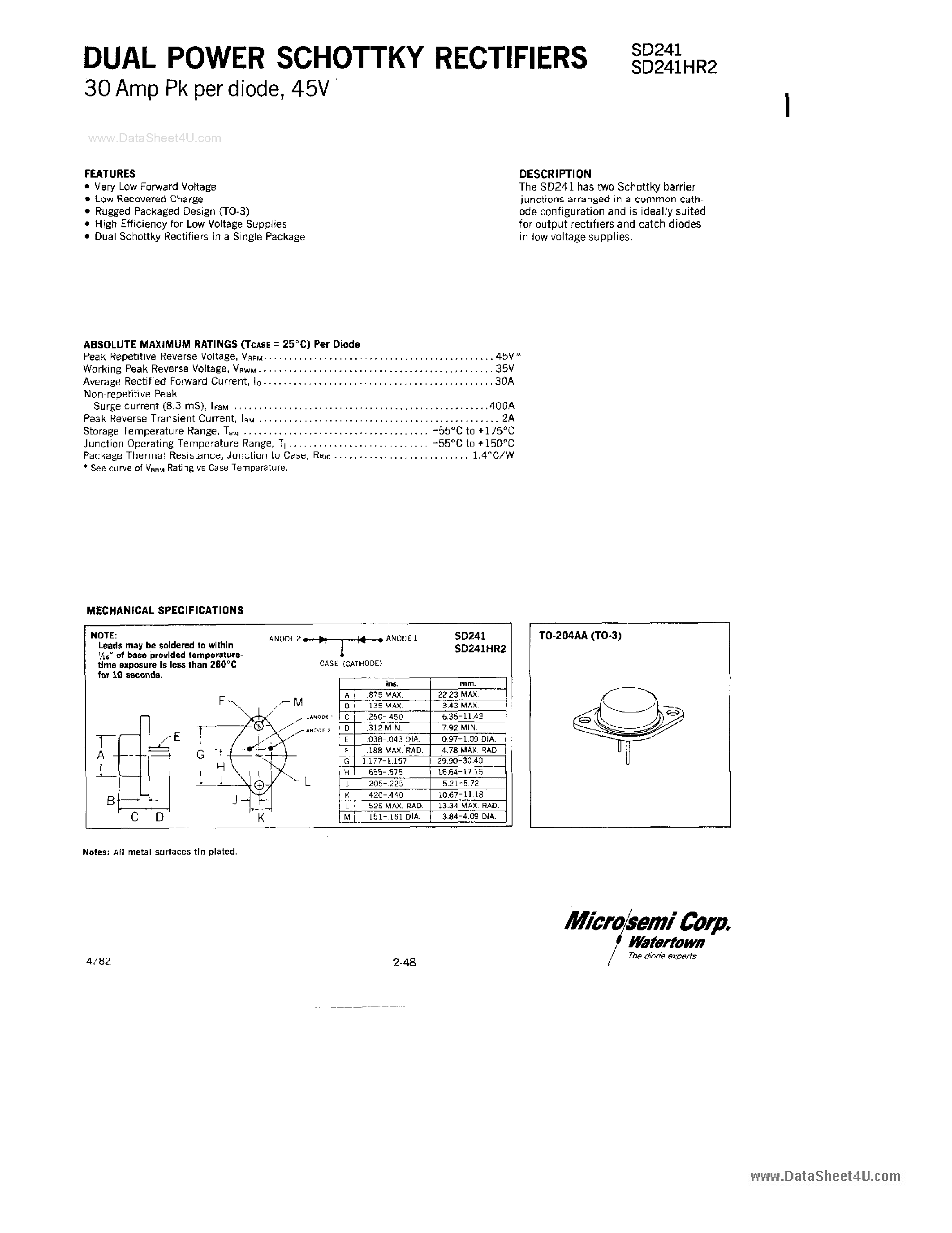Даташит SD241 - Dual Power Schottky Rectifier страница 1