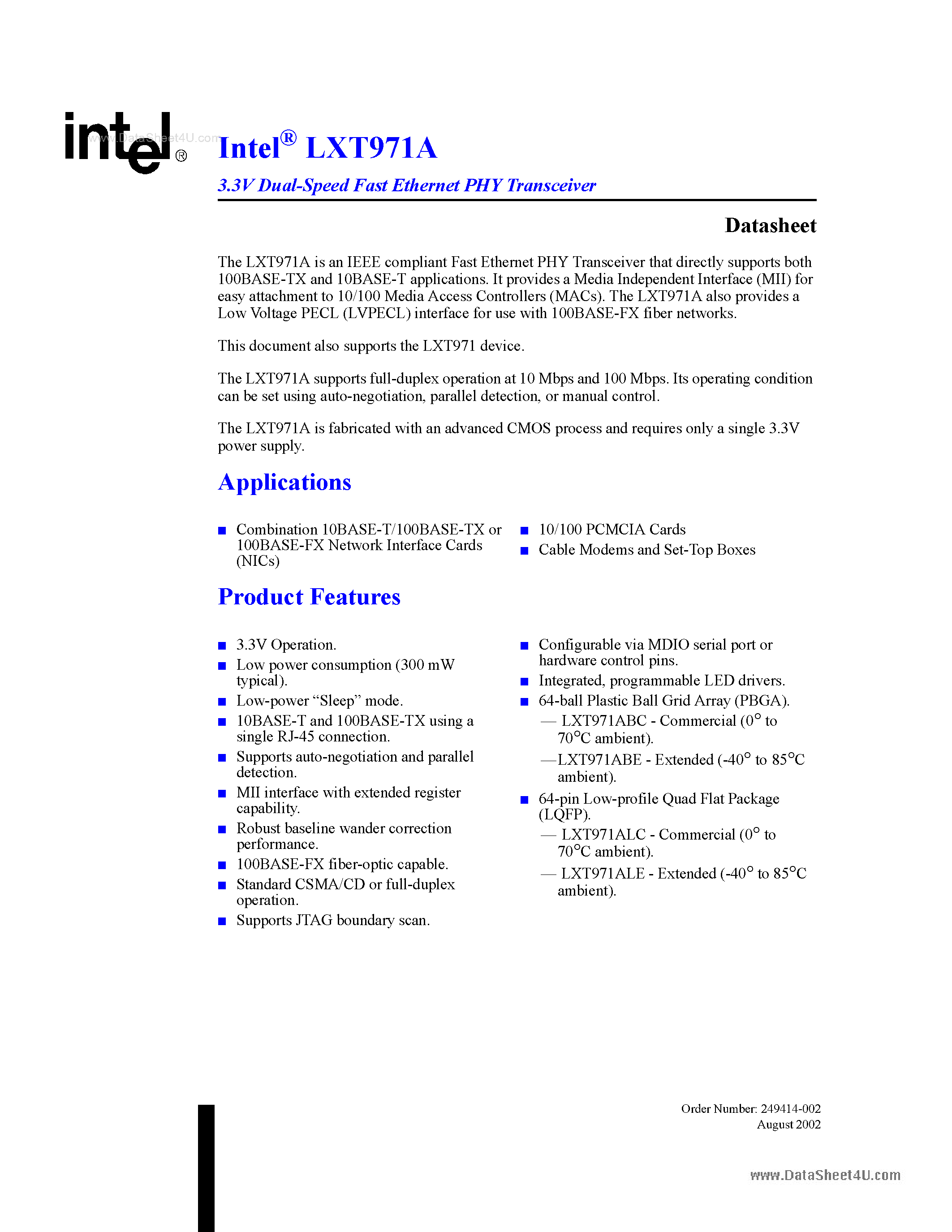 Datasheet XT971A - 3.3V Dual-Speed Fast Ethernet PHY Transceiver page 1