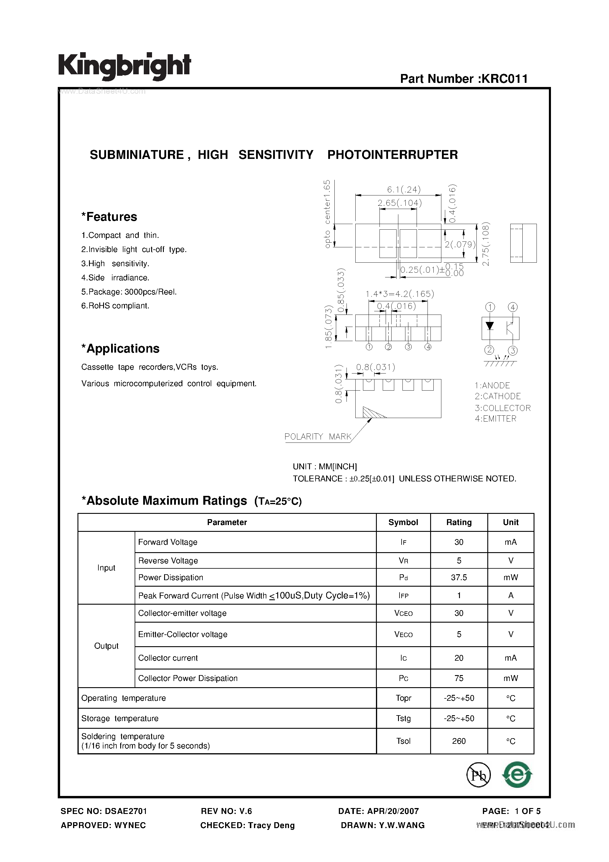 Datasheet KRC011 - High Sensitivity Photointerrupter page 1