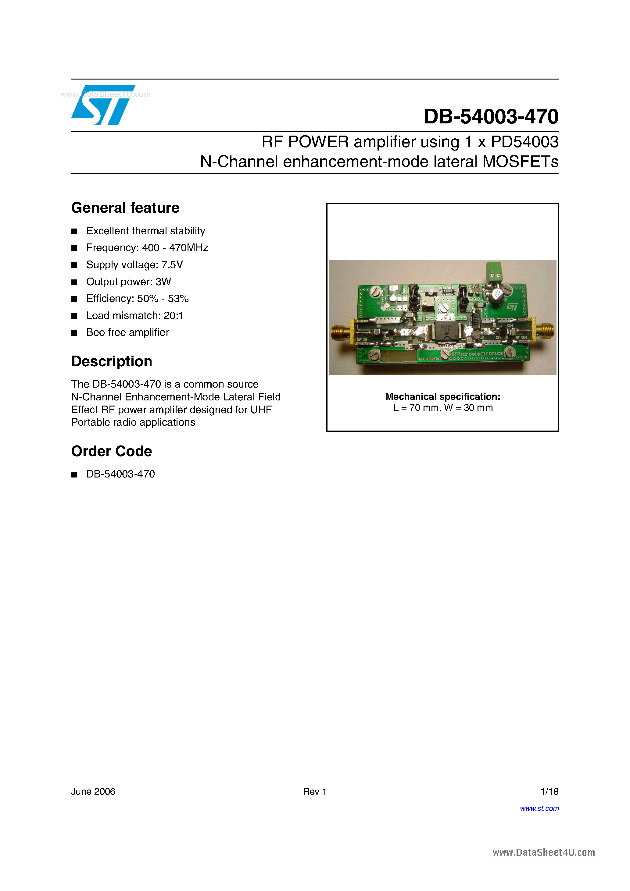 Datasheet DB-54003-470 - RF POWER amplifier using 1 x PD54003 N-Channel enhancement-mode lateral MOSFETs page 1