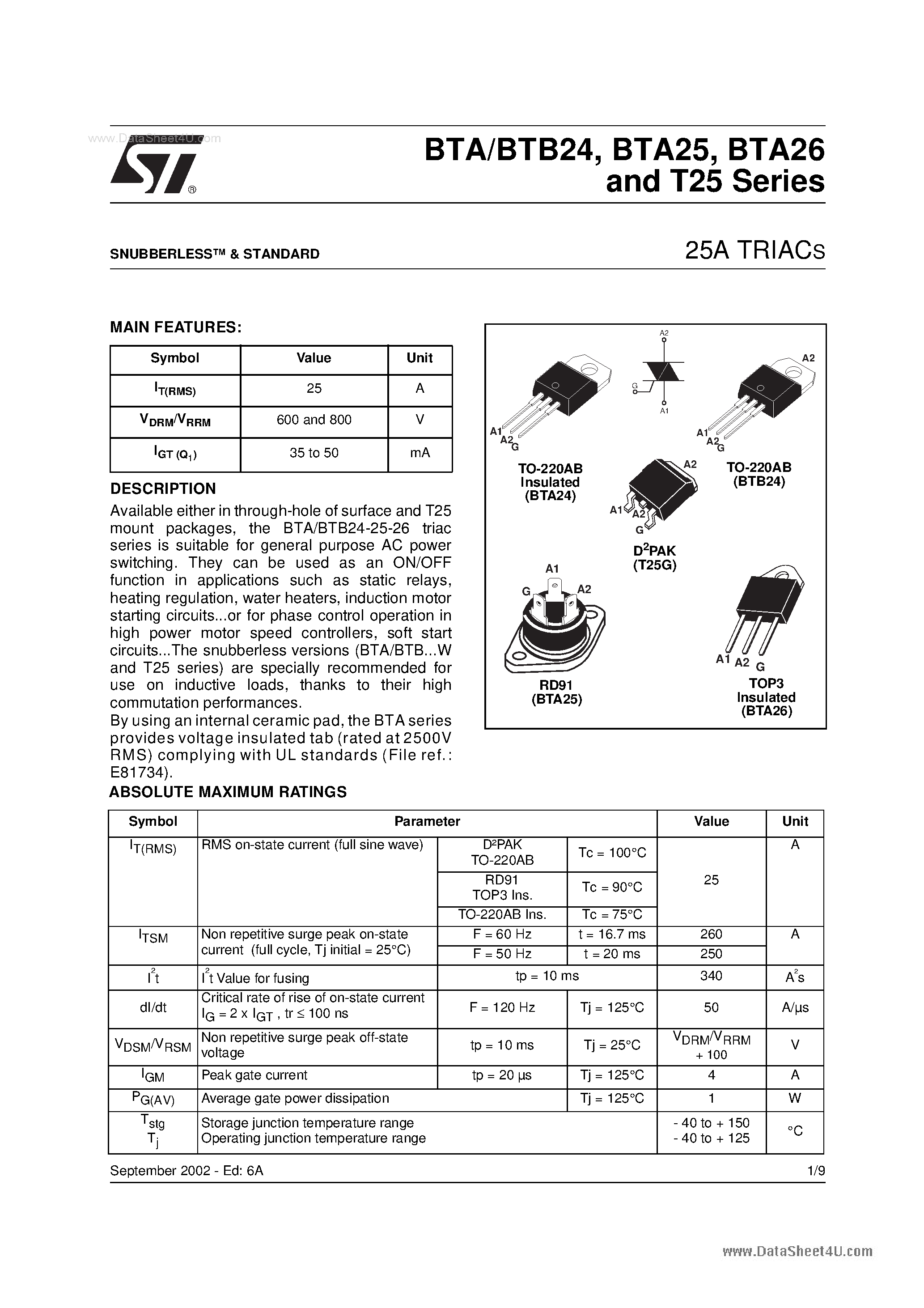 Datasheet BTA26-800A - 25A Triacs page 1