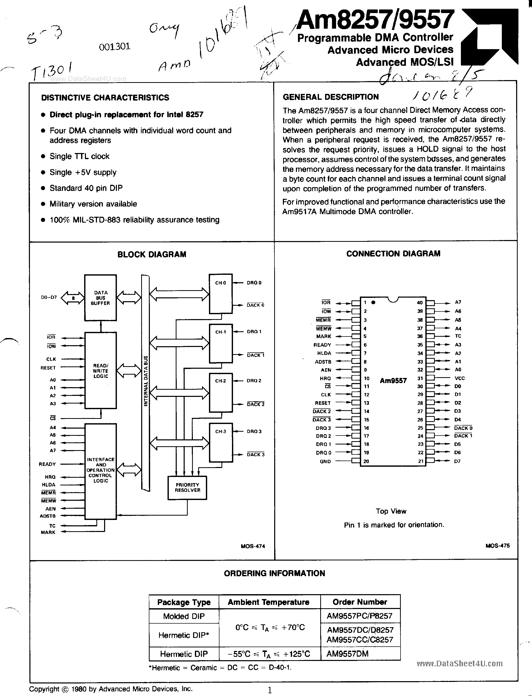 Datasheet AM9557 - (AM9557 / AM8257) Programmable DMA Controller page 1