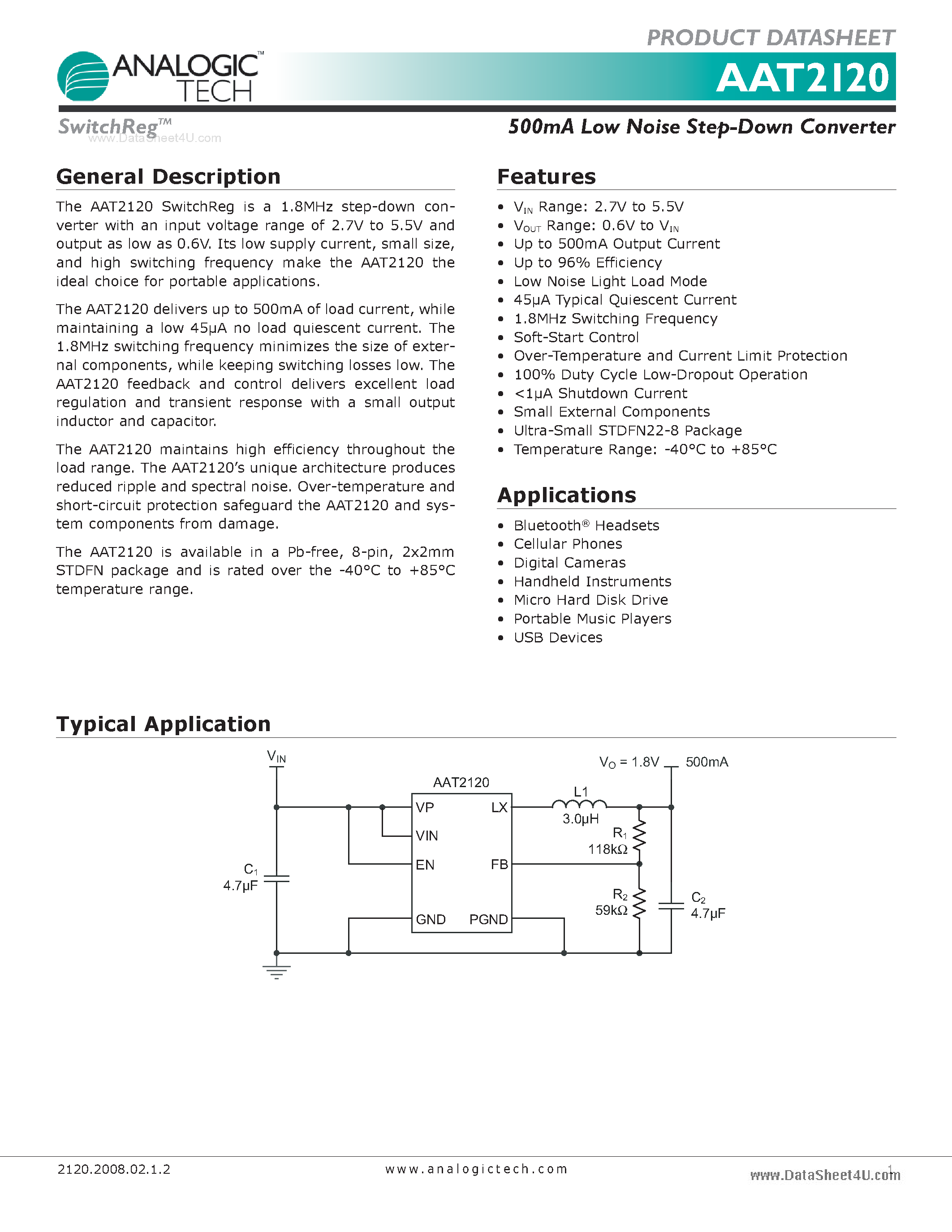 Datasheet AAT2120 - 500mA Low Noise Step-Down Converter page 1