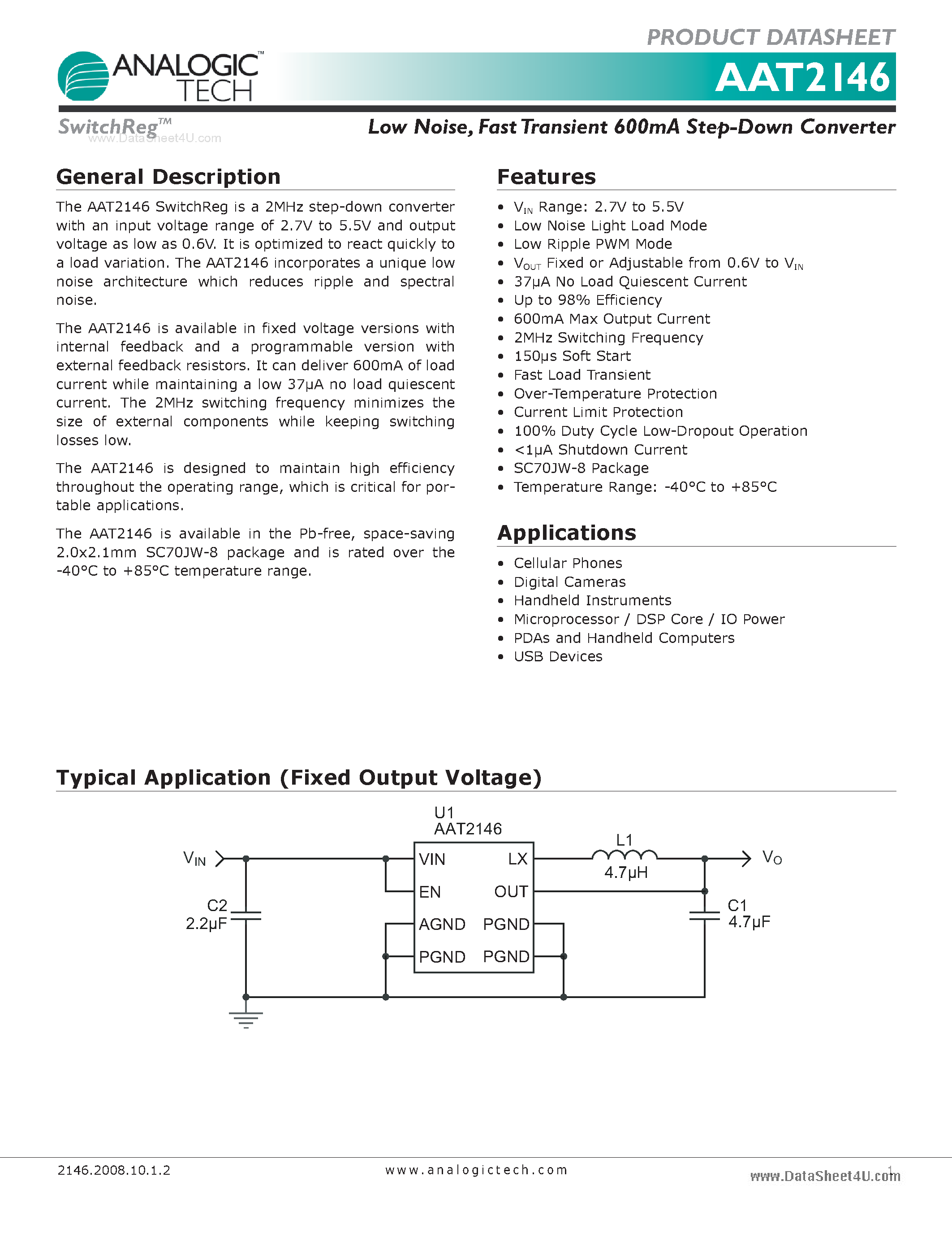 Datasheet AAT2146 - Fast Transient 600mA Step-Down Converter page 1