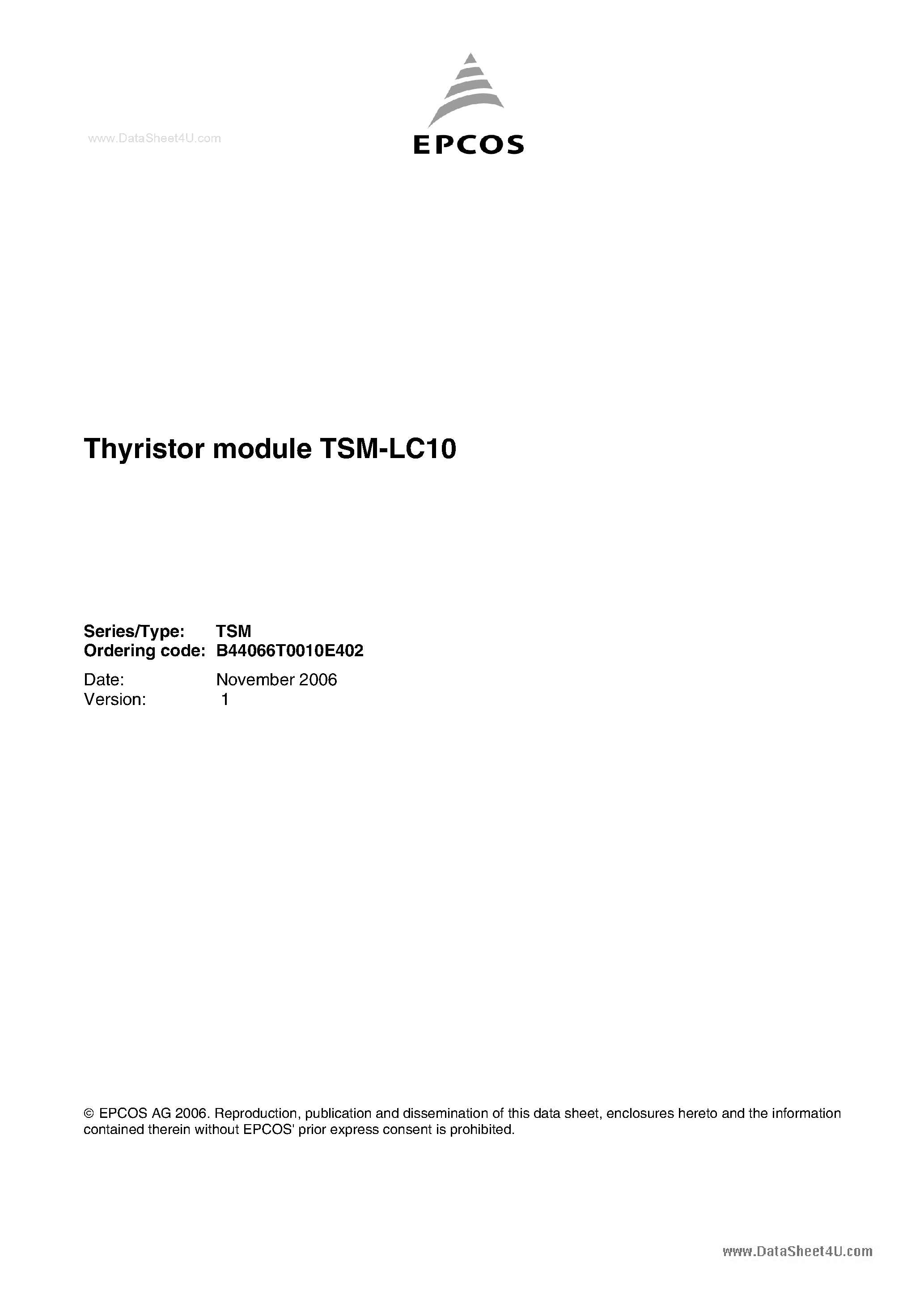 Даташит B44066T0010E402 - Thyristor module TSM-LC10 страница 1