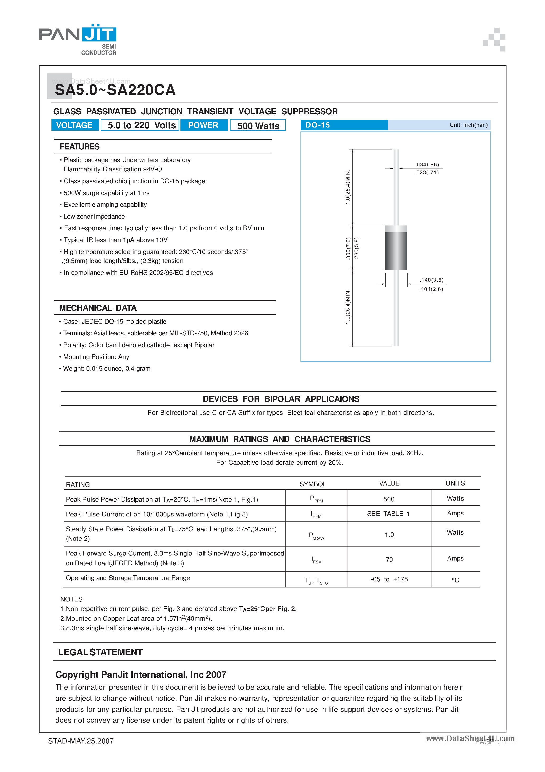 Datasheet SA200 - (SA2xx) GLASS PASSIVATED JUNCTION TRANSIENT VOLTAGE SUPPRESSOR page 1