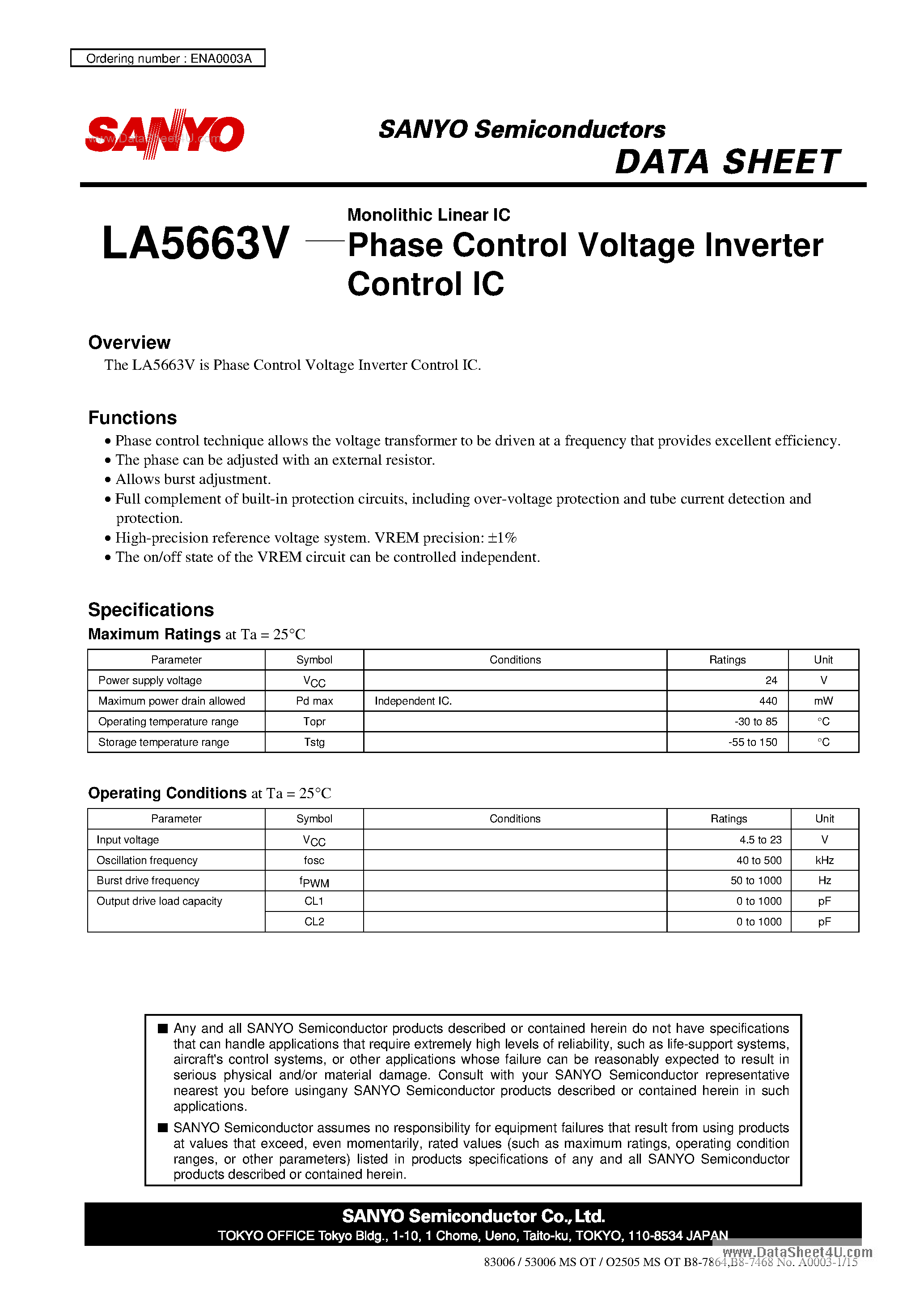 Даташит LA5663V - Monolithic Linear IC Phase Control Voltage Inverter Control IC страница 1