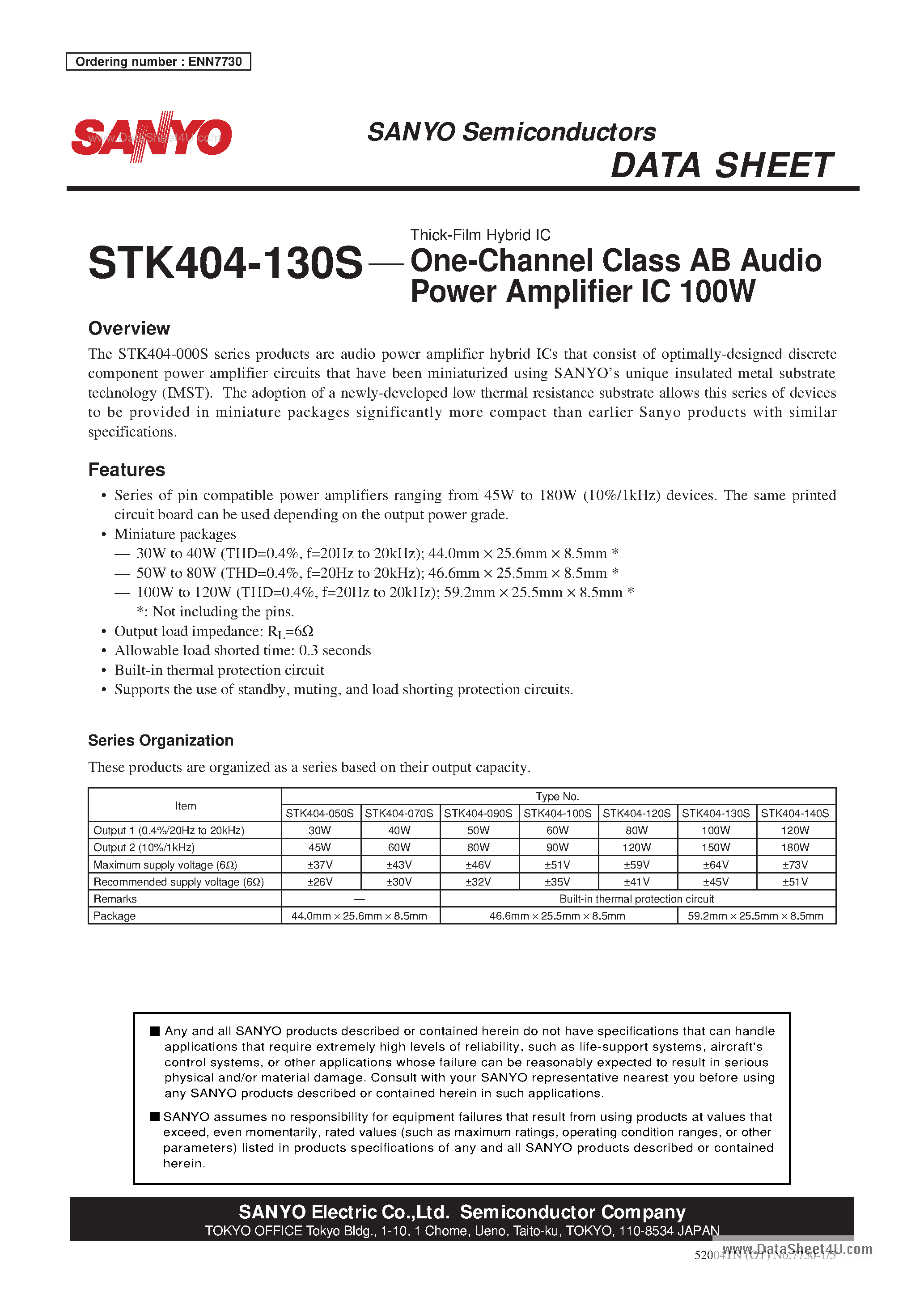 Datasheet STK404-130S - 1-Channel Class AB Audio Power Amplifier IC 100W page 1