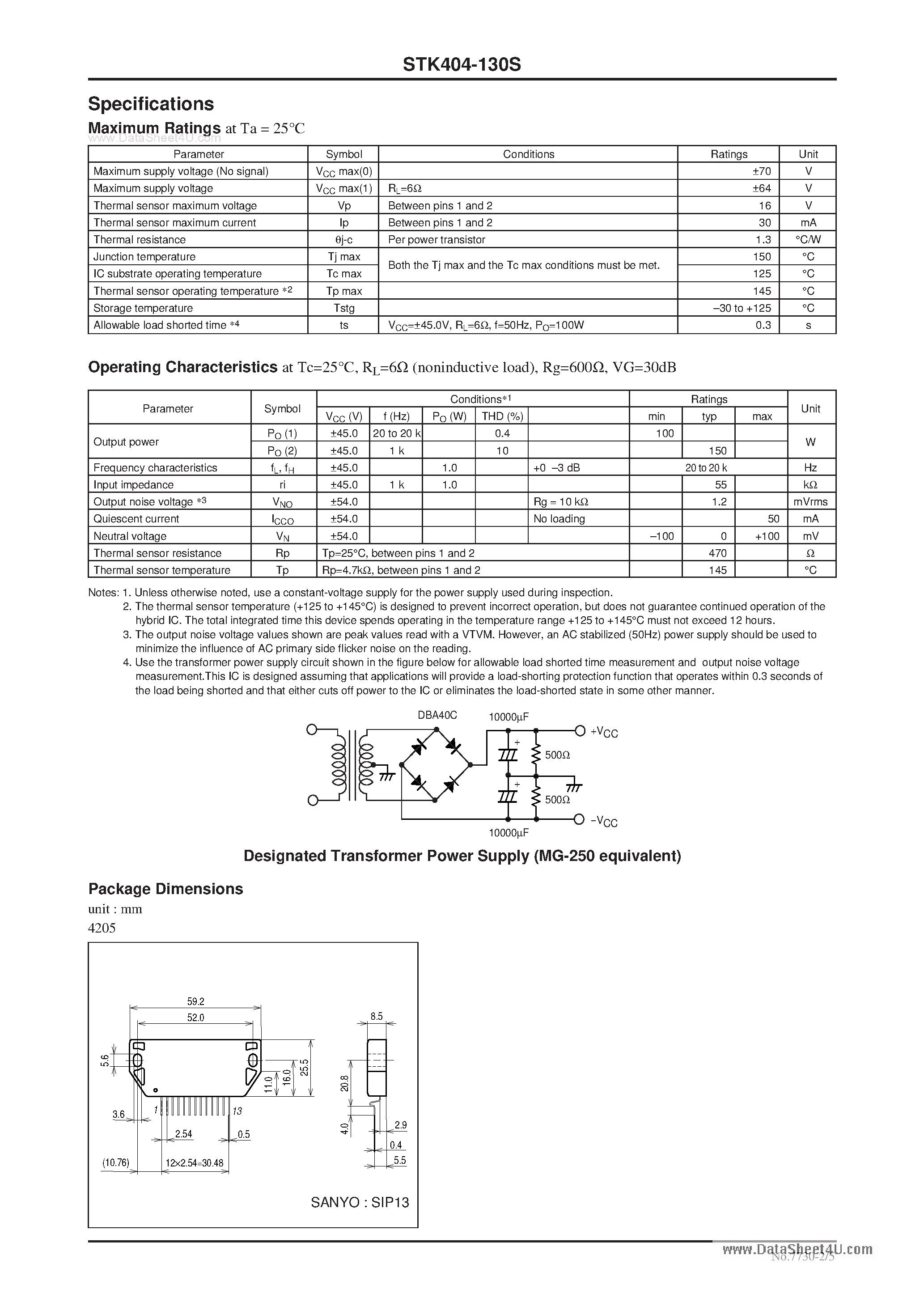 Datasheet STK404-130S - 1-Channel Class AB Audio Power Amplifier IC 100W page 2