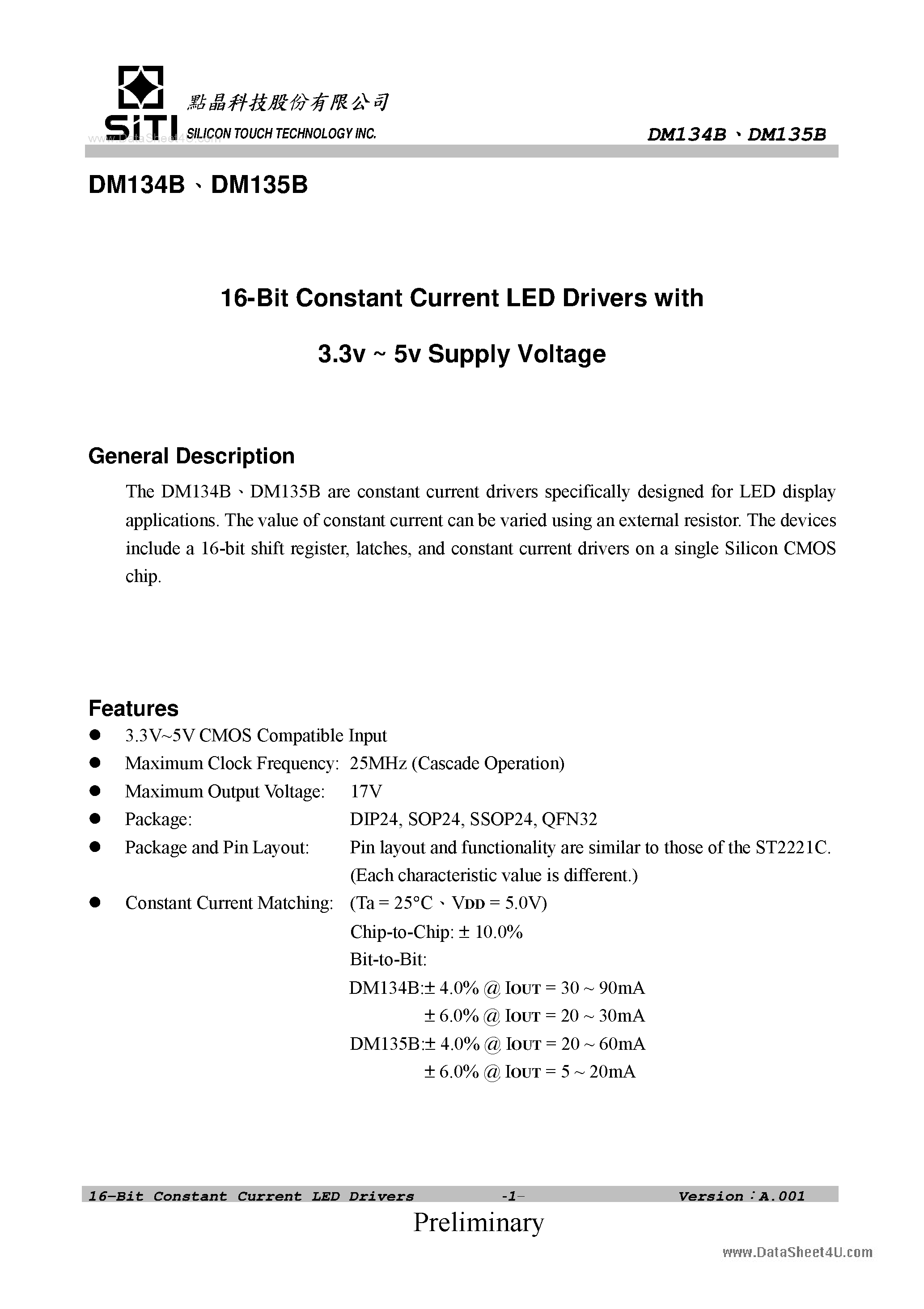 Даташит DM134B - (DM134B / DM135B) 16 BIT CONSTANT CURRENT LED DRIVERS страница 2