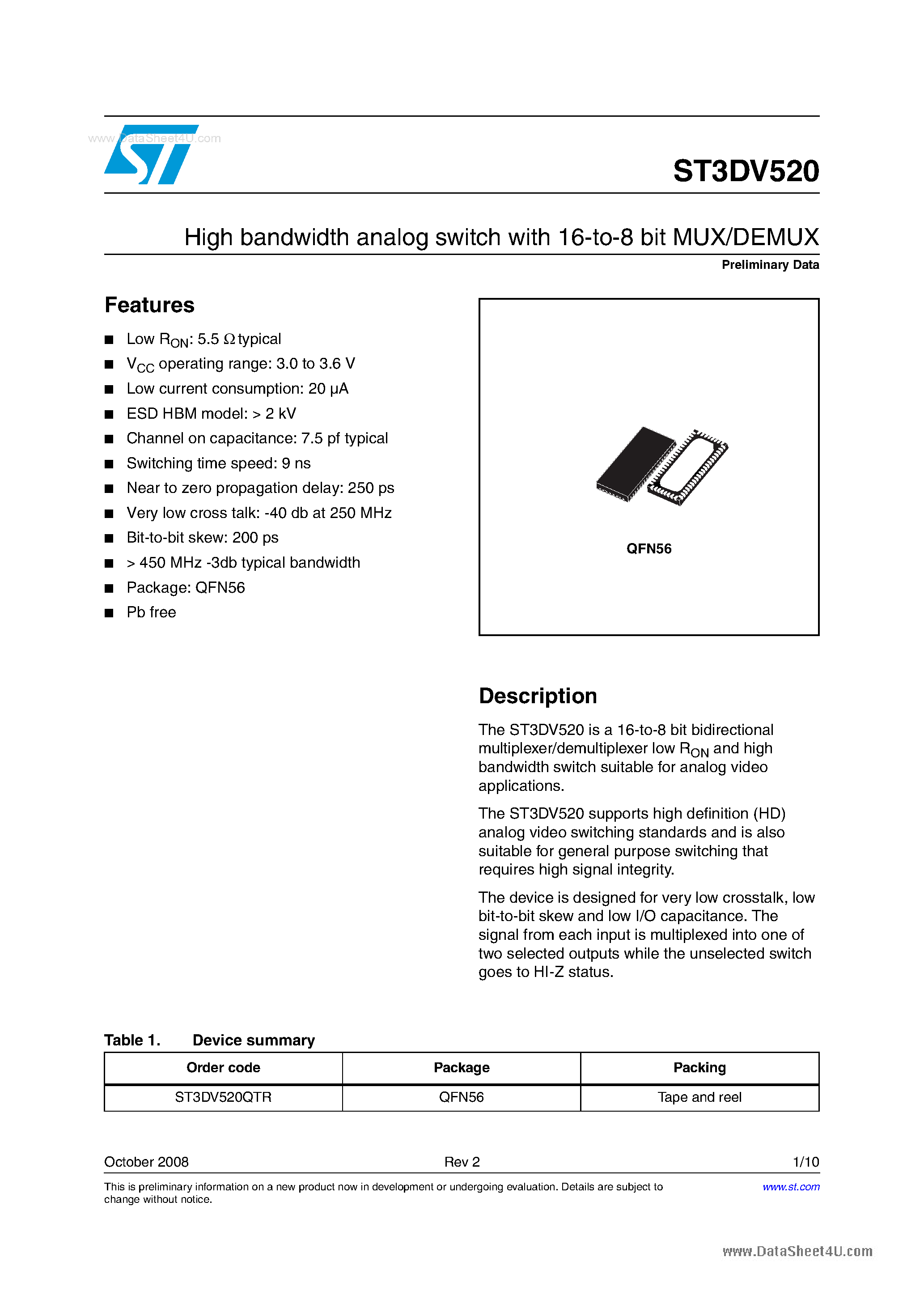 Datasheet ST3DV520 - Datasheet High bandwidth analog switch page 1