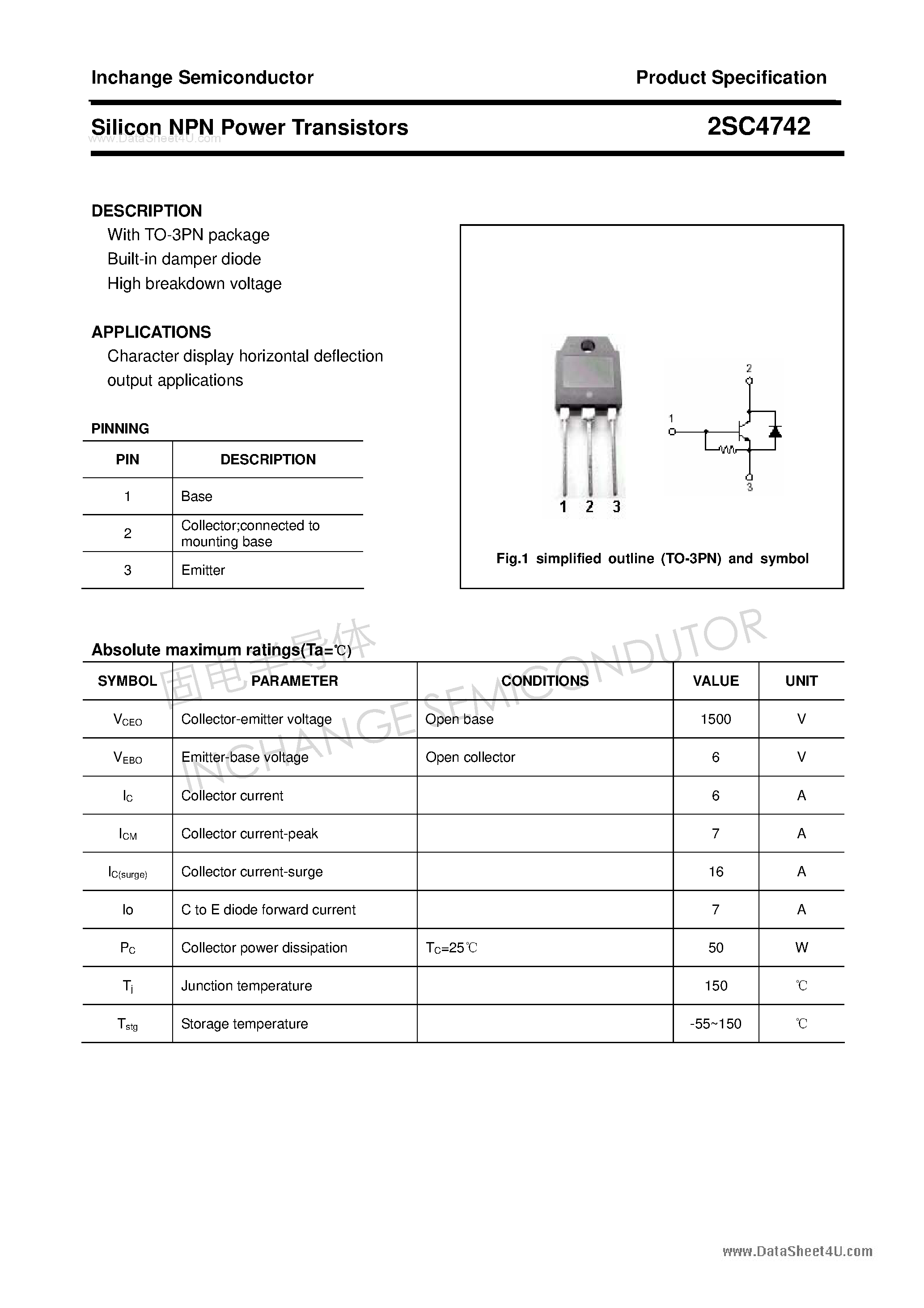 Datasheet 2SC4742 - Silicon NPN Power Transistors page 1