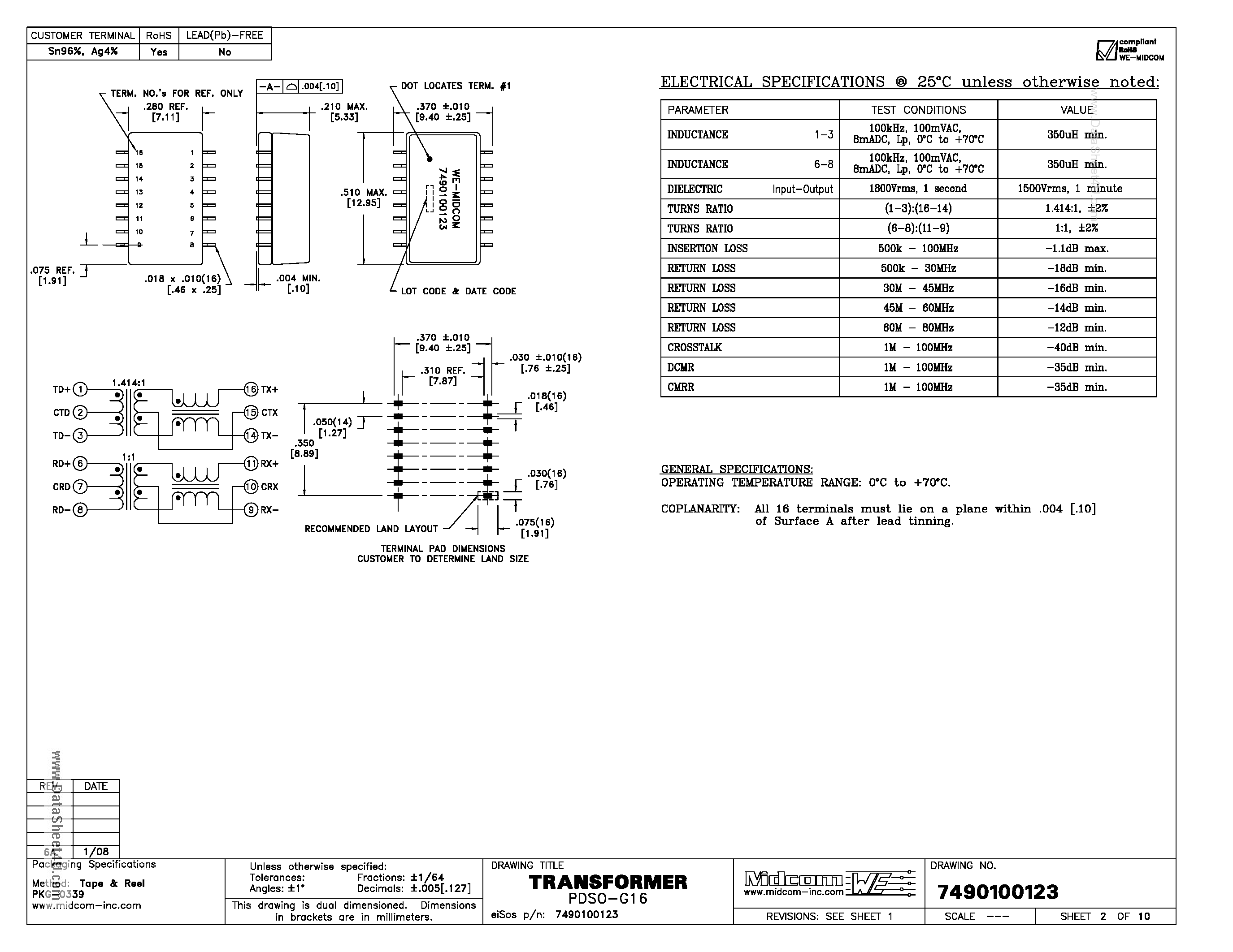 Datasheet 7490100123 - Discrete Single Port 10/100 Base-T PDSO-G16 page 1