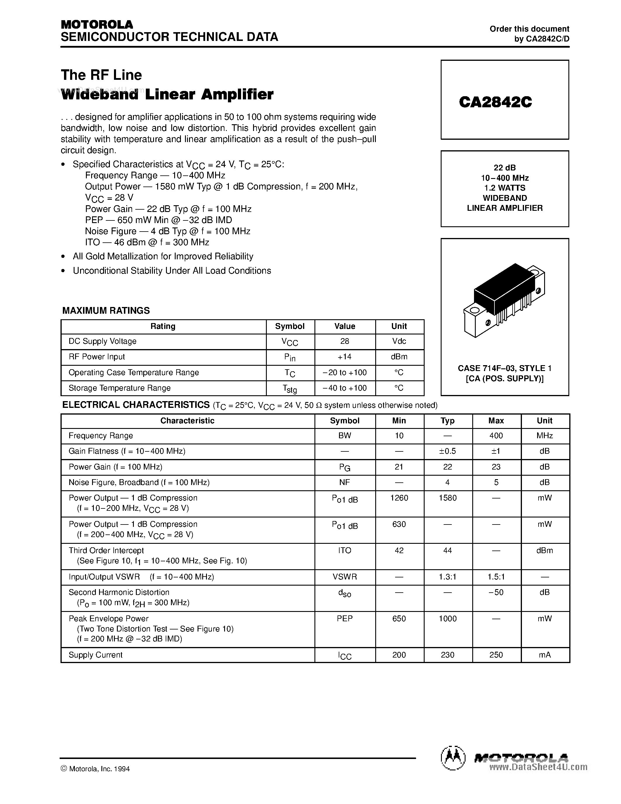 Datasheet CA2842C - 22 dB 10-400 MHz 1.2 WATTS WIDEBAND LINEAR AMPLIFIER page 1