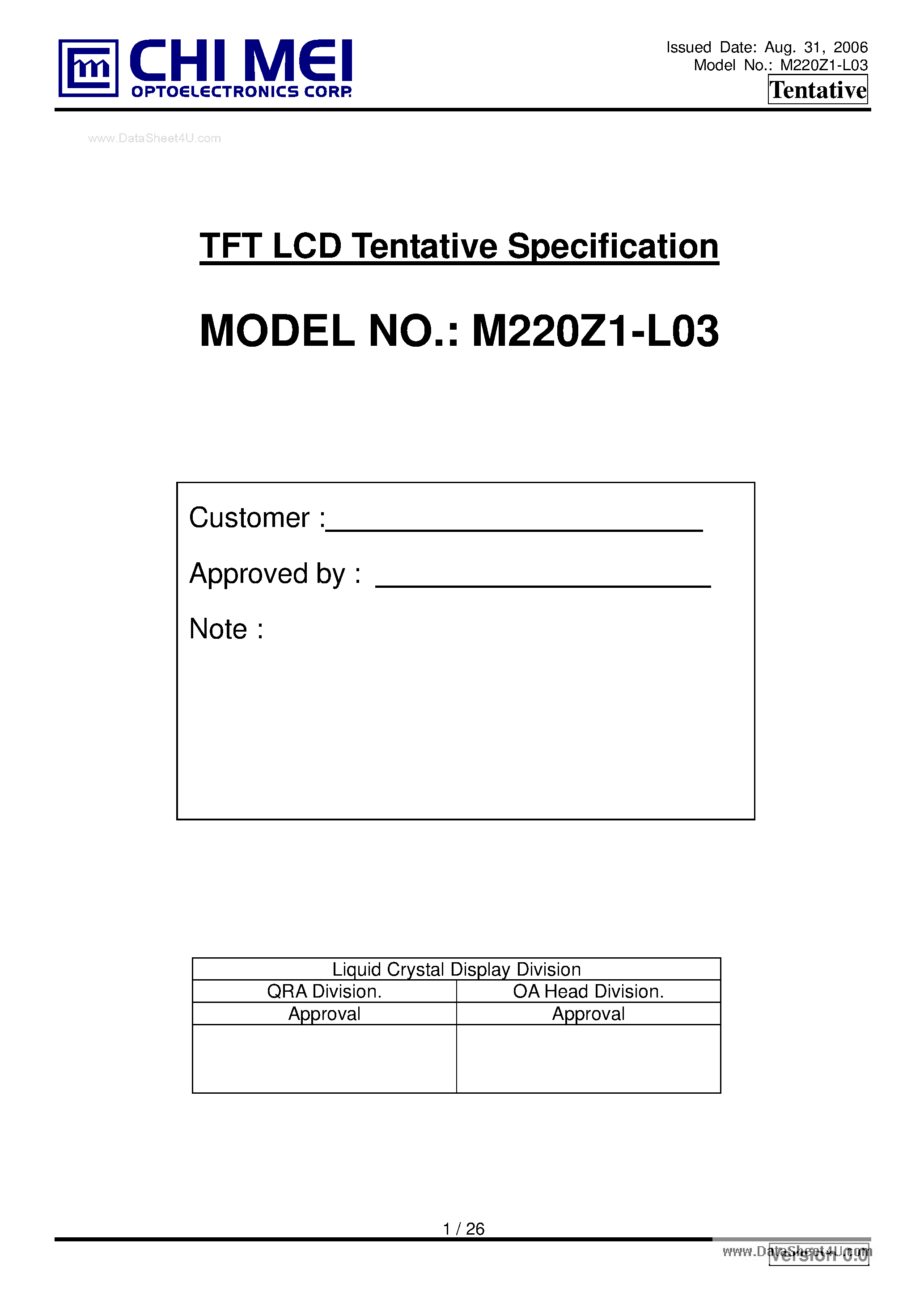 Datasheet M220Z1-L03 - LCD Module page 1