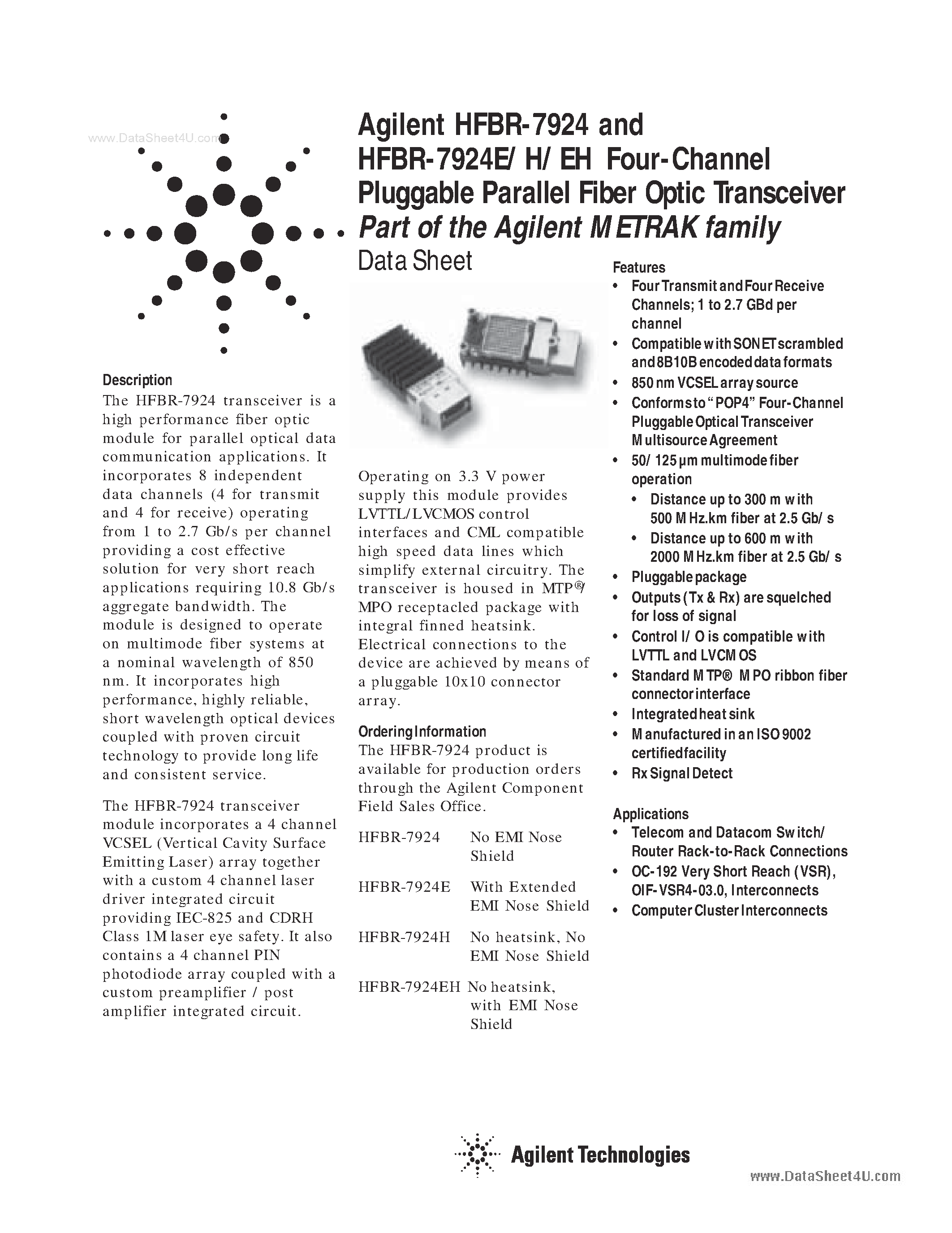 Datasheet HFBR-7924 - Four-Channel Pluggable Parallel Fiber Optic Transceiver Part of the Agilent METRAK family page 1