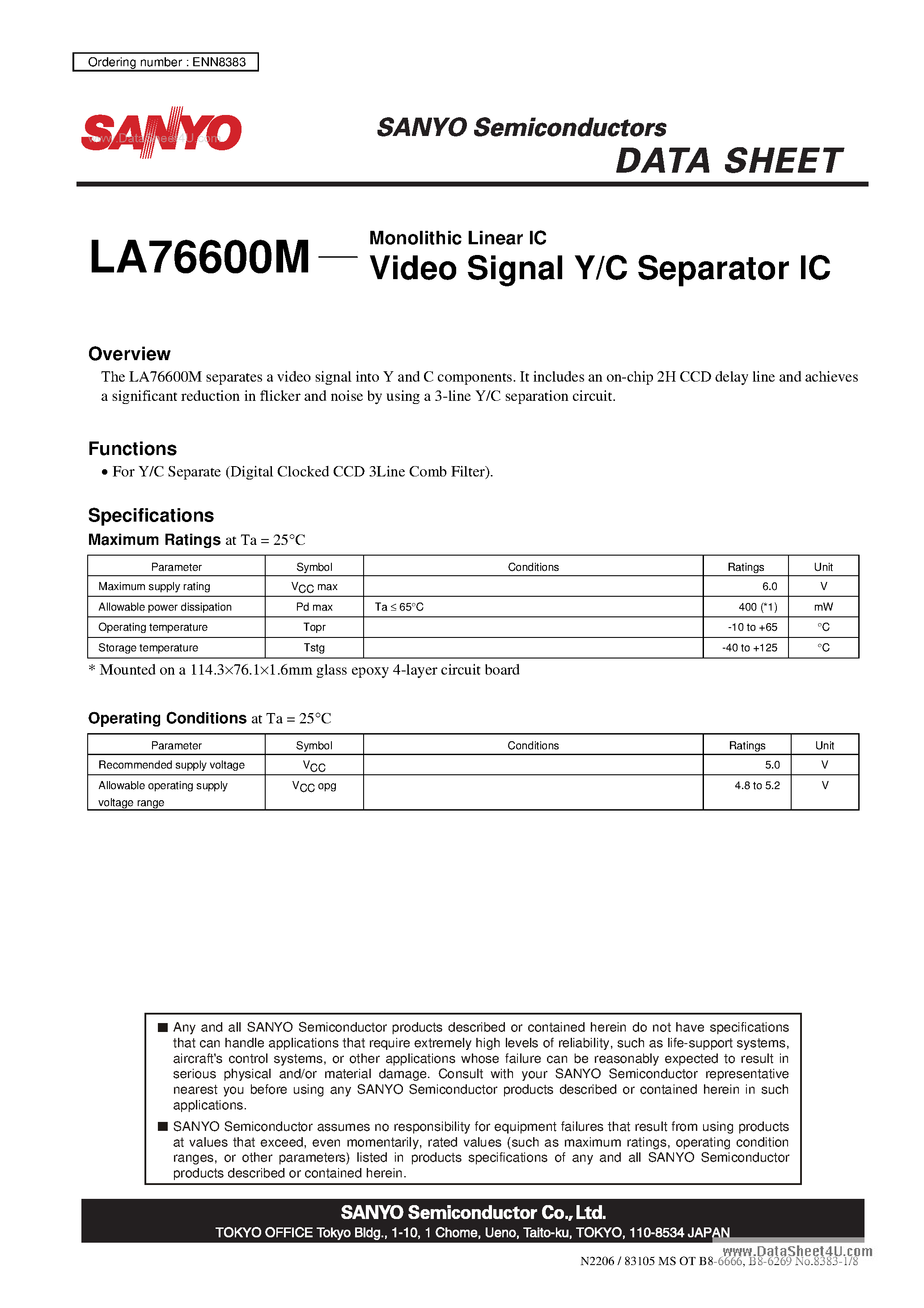 Datasheet LA76600M - Monolithic Linear IC Video Signal Y/C Separator IC page 1