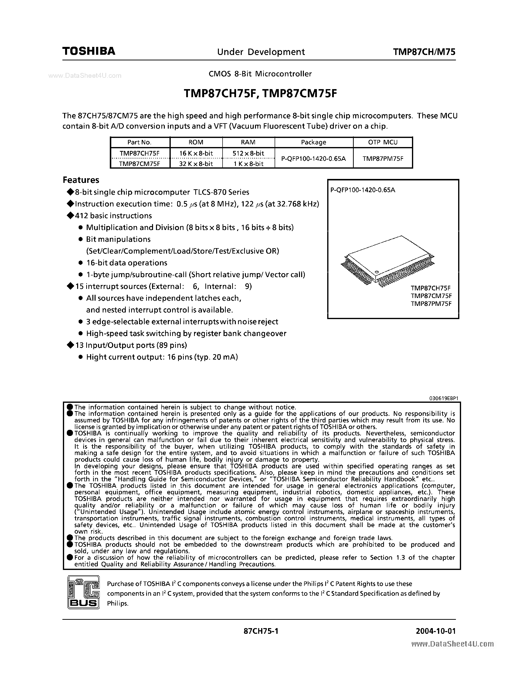 Datasheet 87CM75F - Search -----> TMP87CM75F page 1