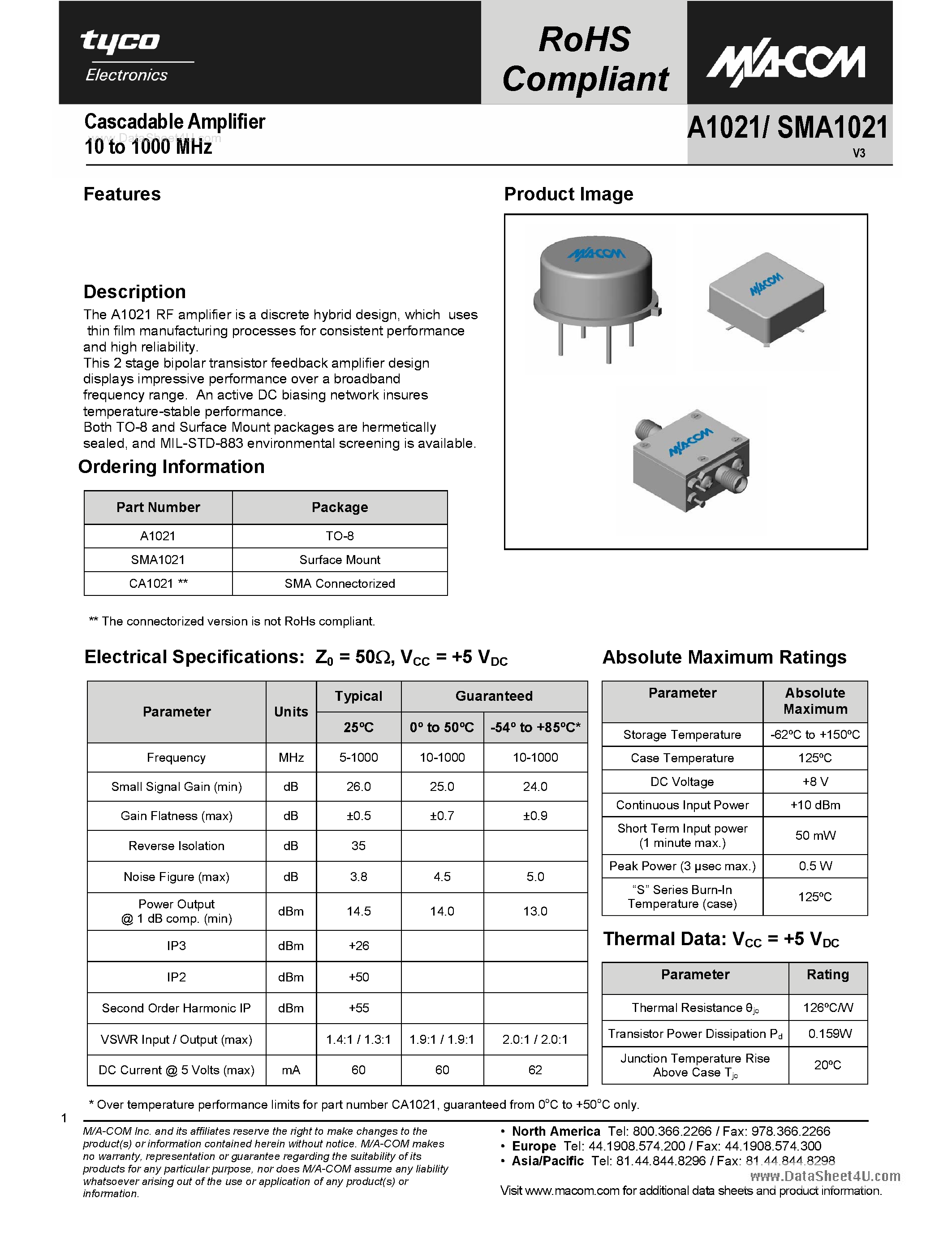 Datasheet CA1021 - Cascadable Amplifier 10 to 1000 MHz page 1