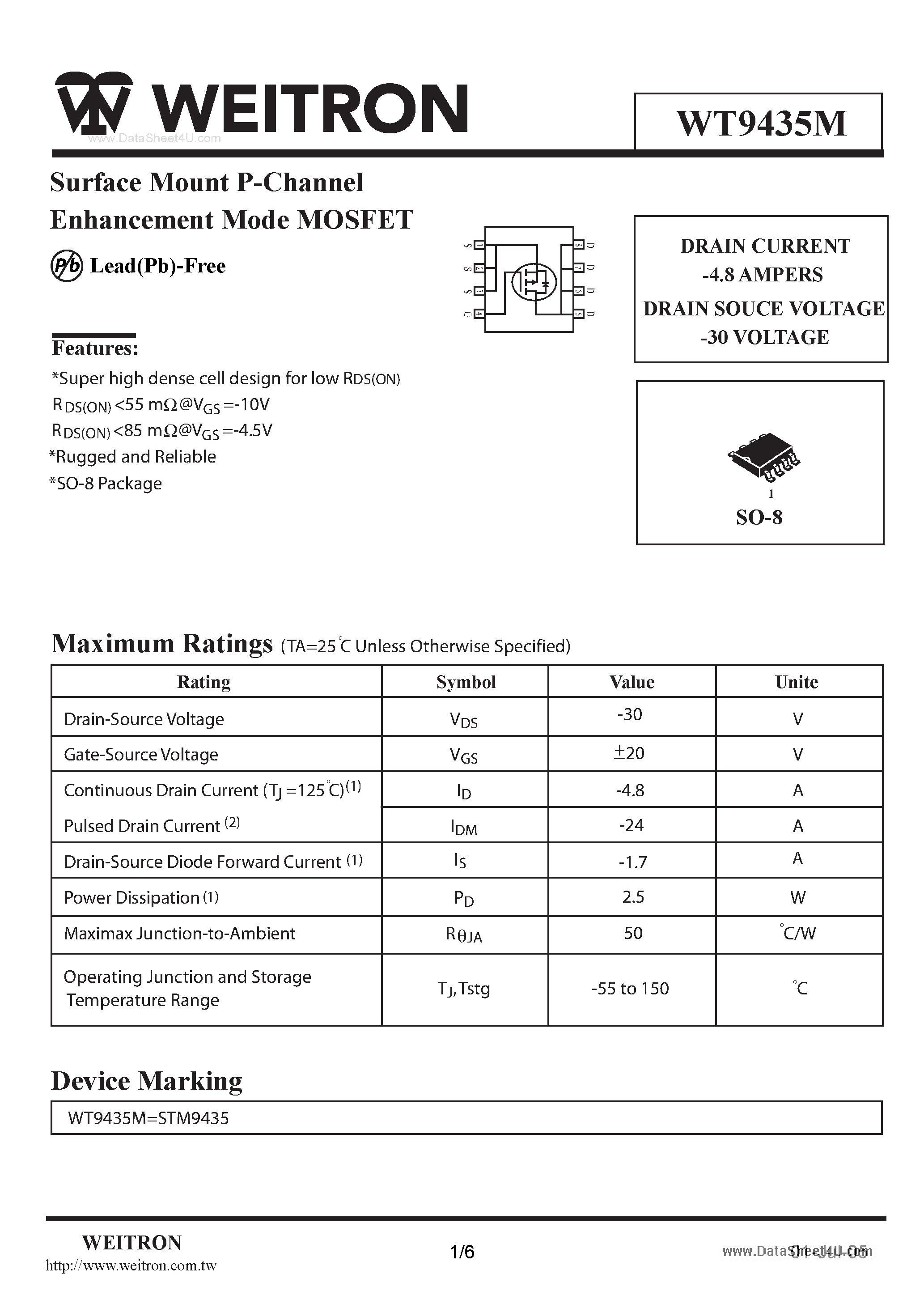 Даташит WT9435M - Surface Mount P-Channel Enhancement Mode MOSFET страница 1
