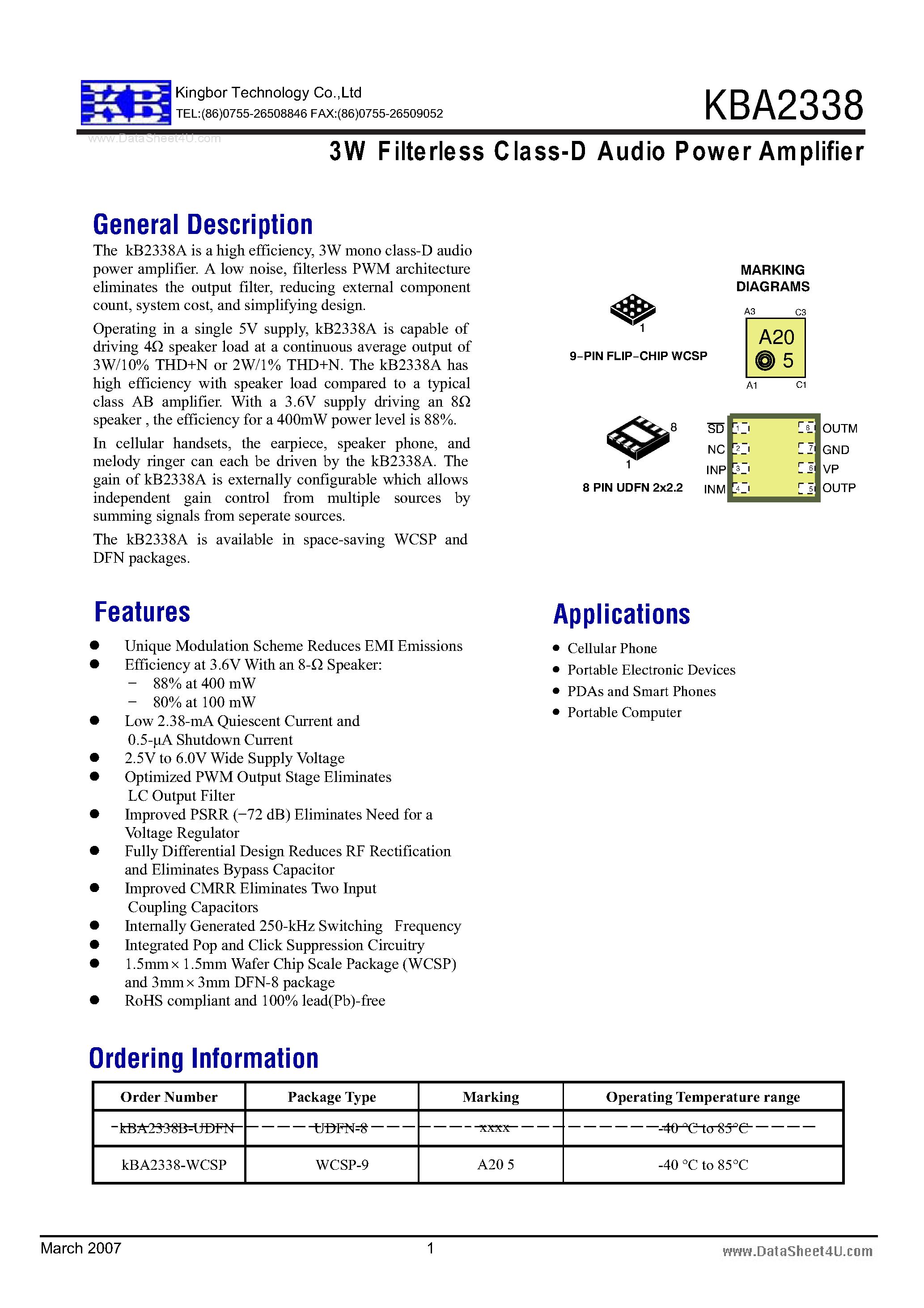 Datasheet KBA2338 - 3W F ilterless C lass-D Audio Power Amplifier page 1