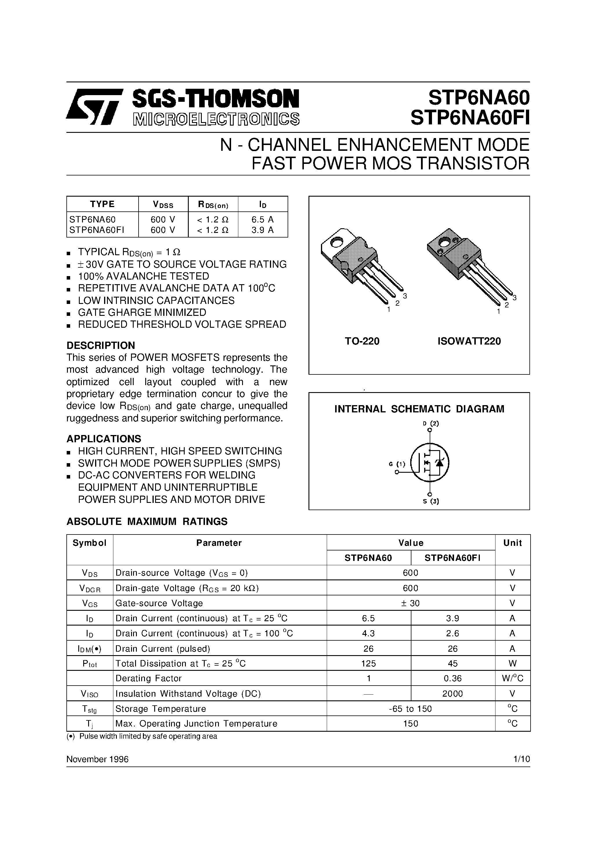 Даташит STP6NA60 - N - CHANNEL ENHANCEMENT MODE FAST POWER MOS TRANSISTOR страница 1