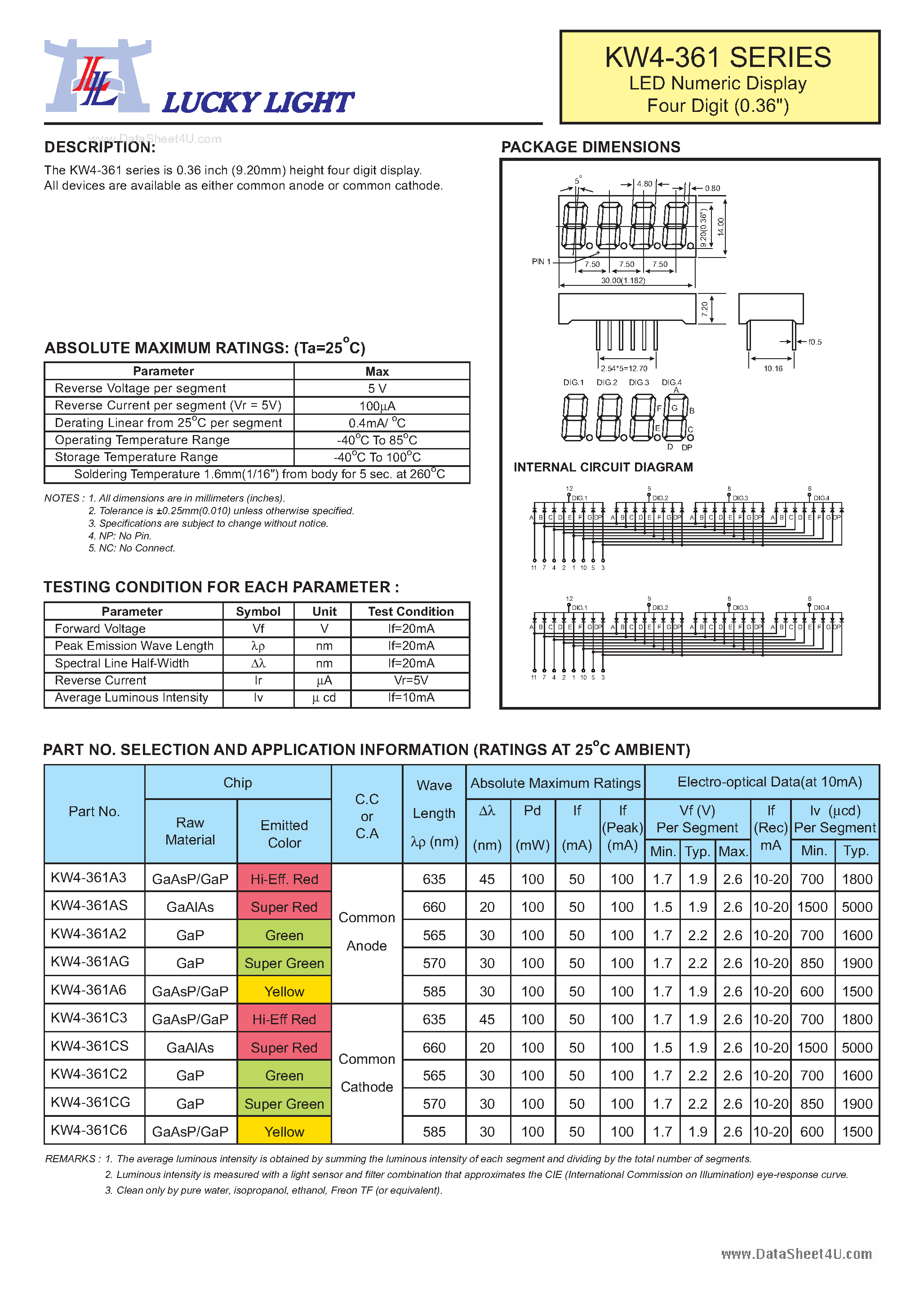 Datasheet KW4-361 - LED Numeric Display Four Digit page 1