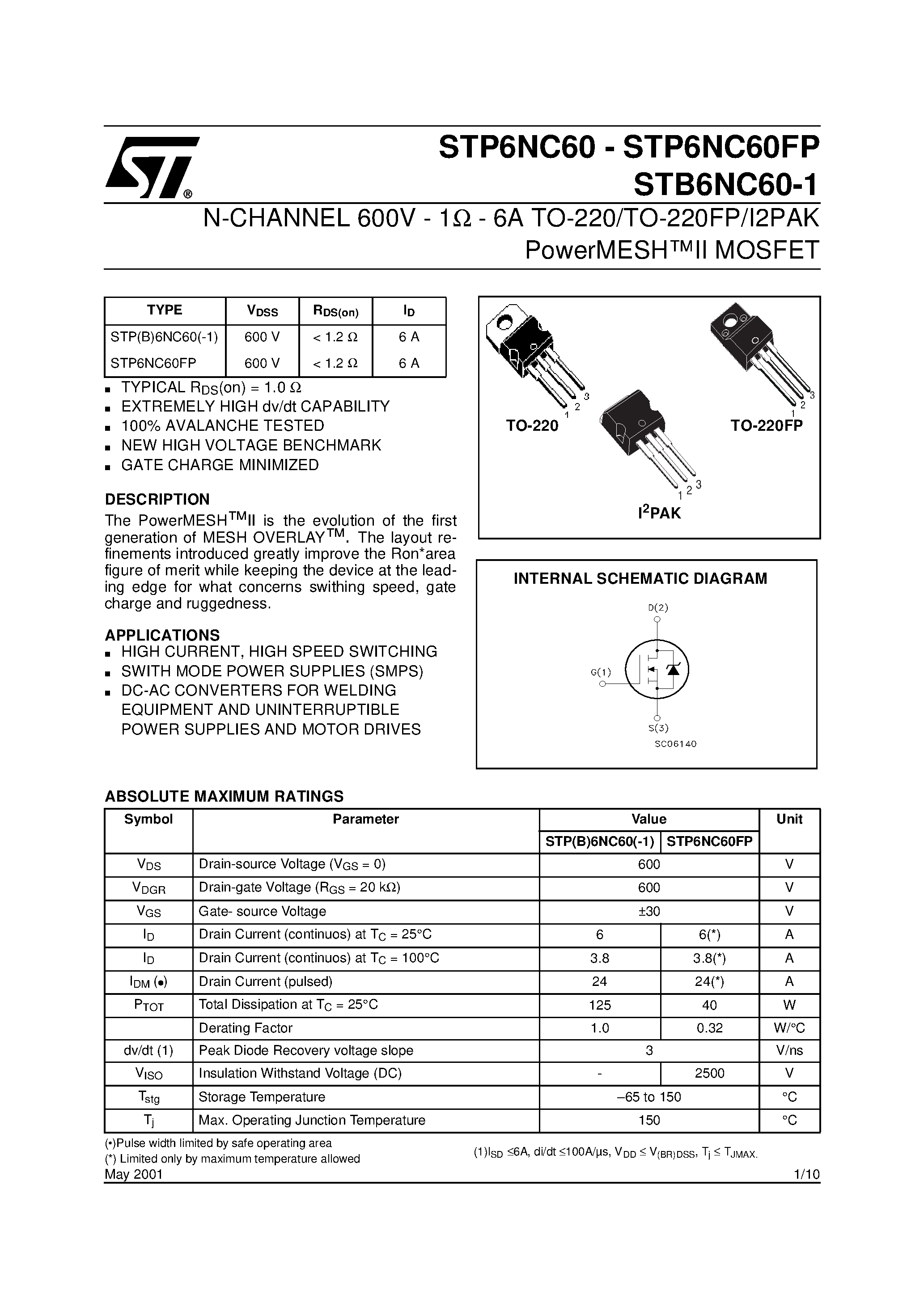 Даташит STP6NC60 - N-CHANNEL Power MOSFET страница 1