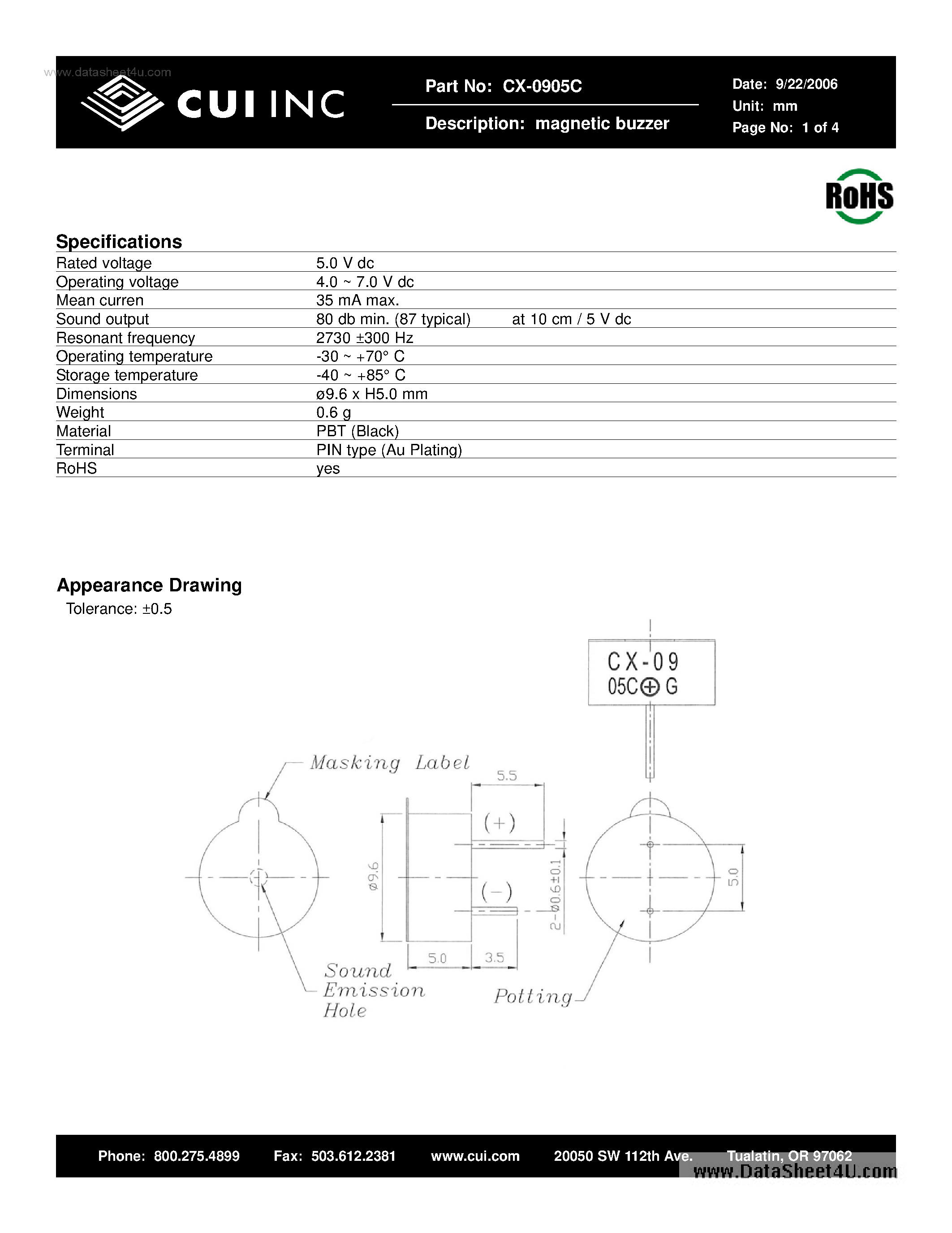 Даташит CX-0905C - Magnetic buzzer страница 1