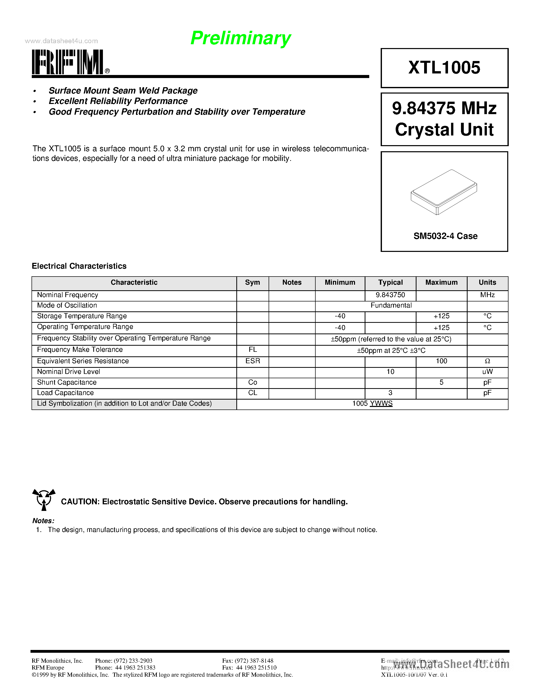 Datasheet XTL1005 - 9.84375 MHz Crystal Unit page 1