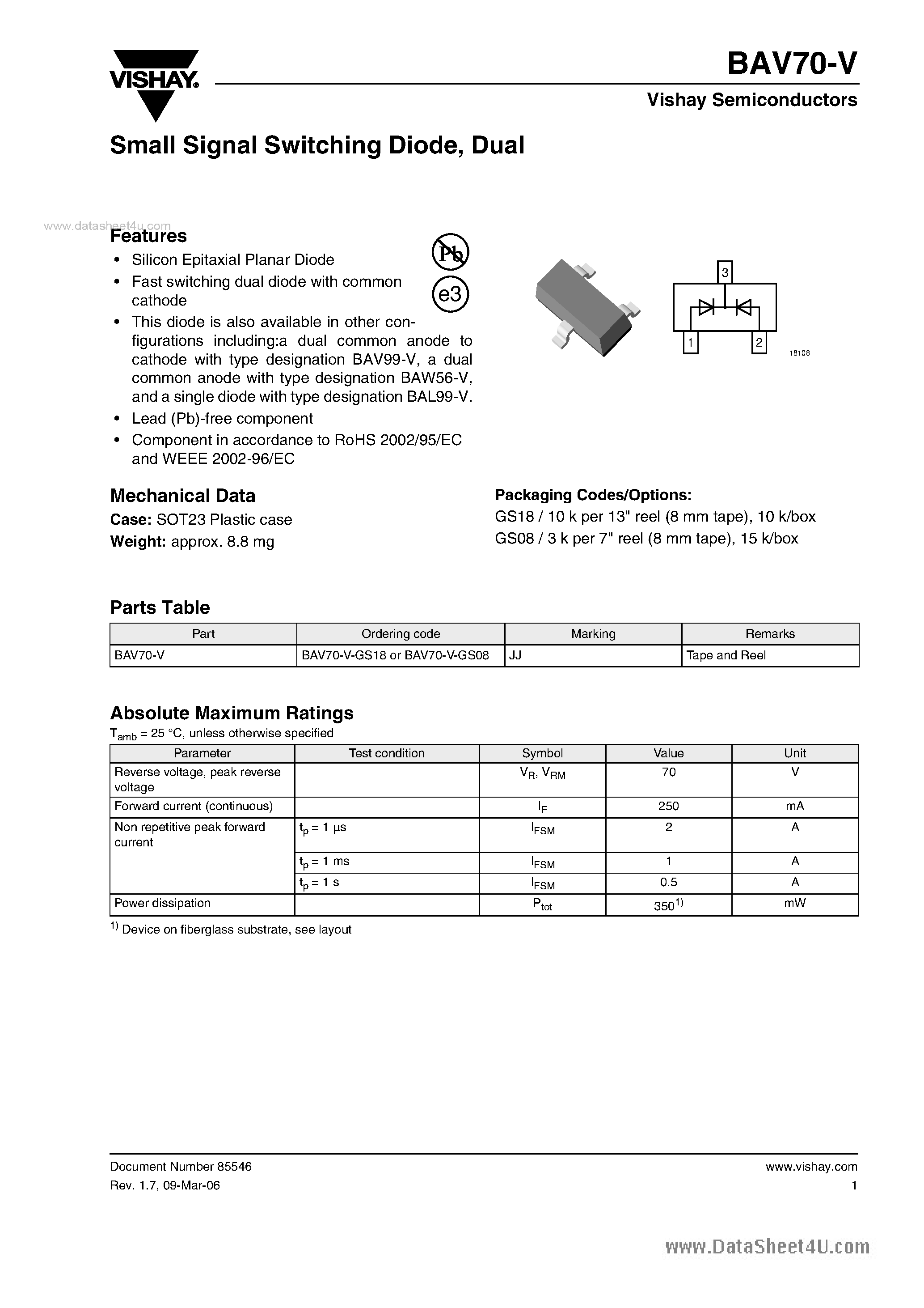Даташит BAV70-V - Small Signal Switching Diode страница 1