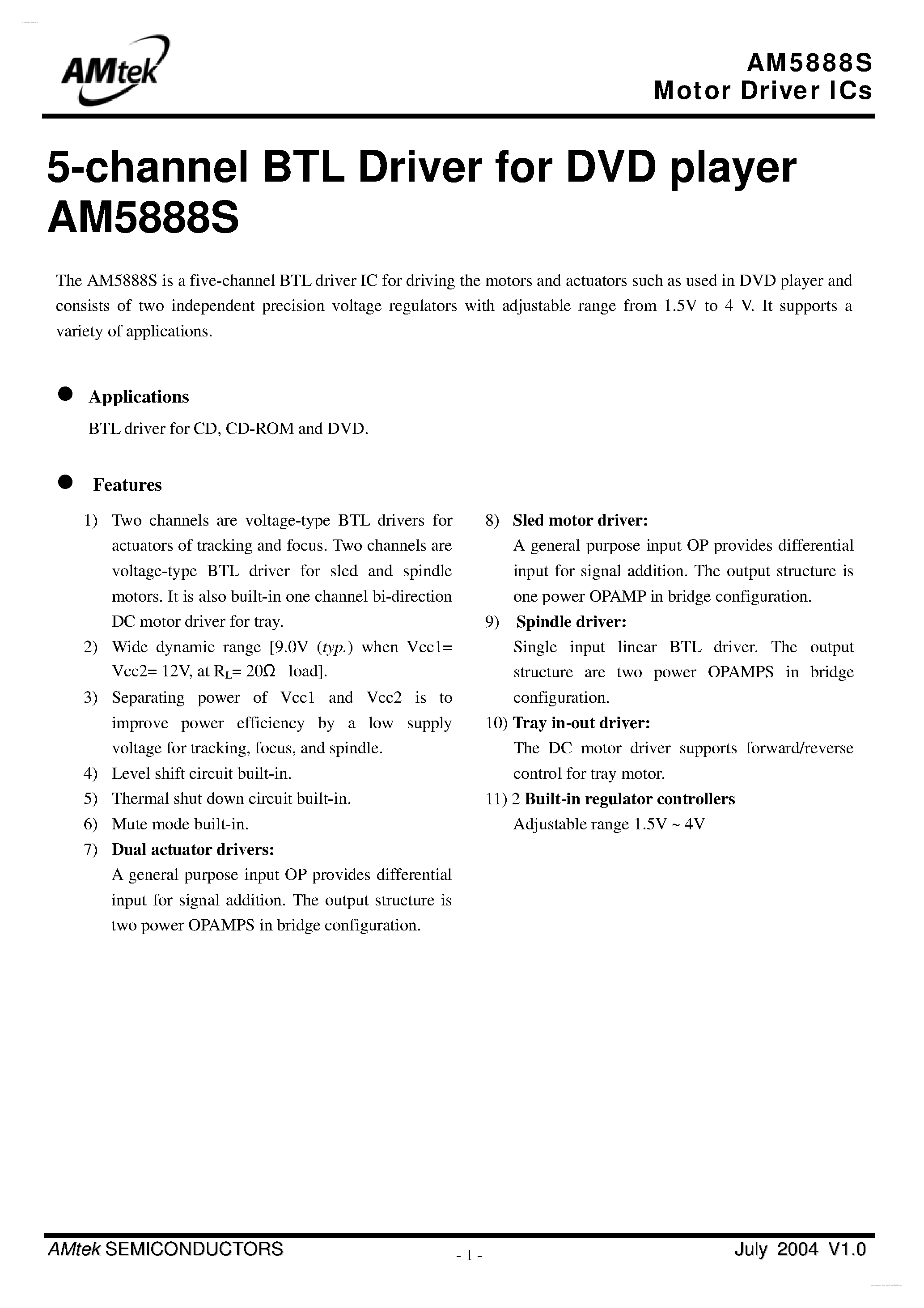 Datasheet AM5888S - 5-Channel BTL Driver page 1