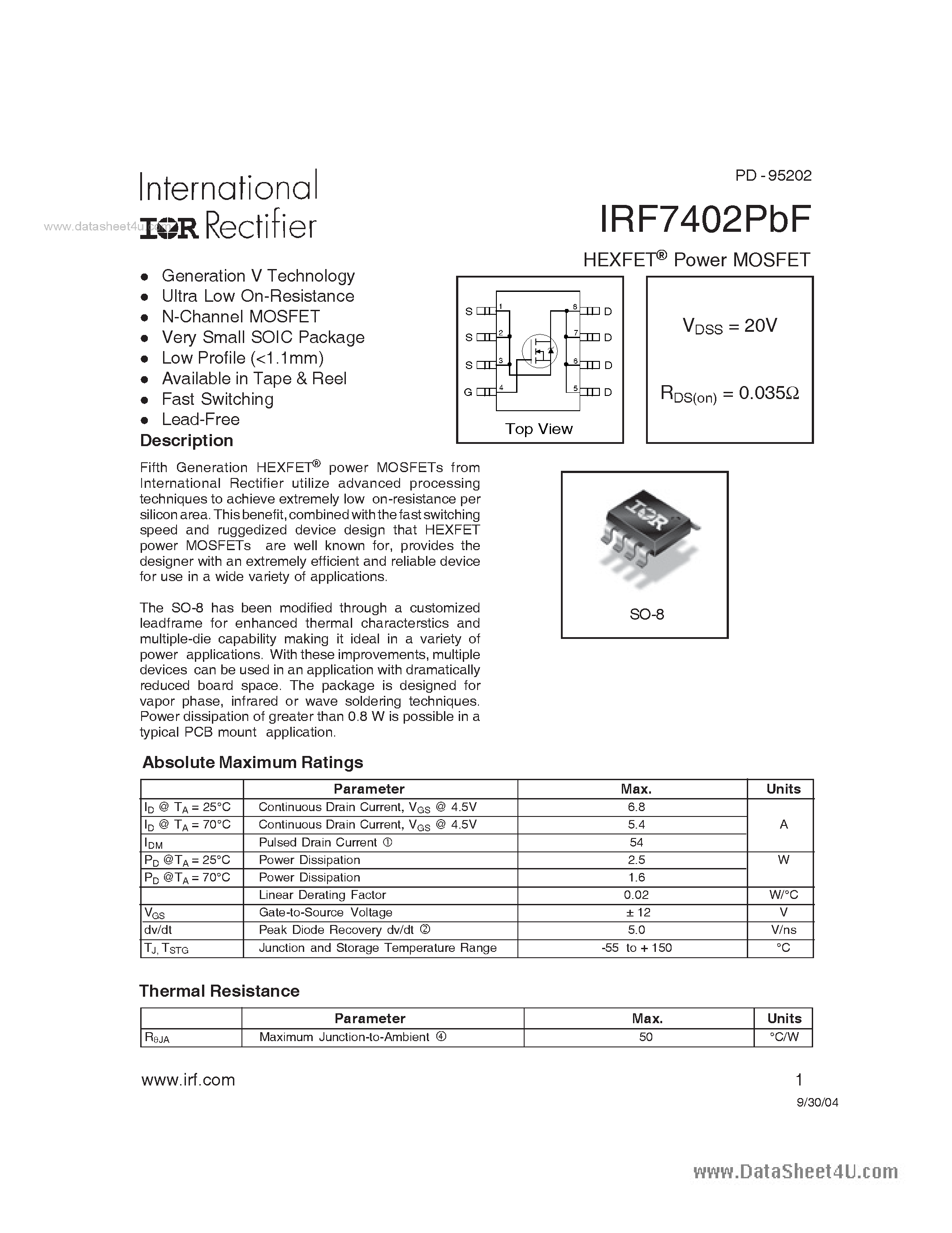 Datasheet IRF7402PBF - Power MOSFET page 1