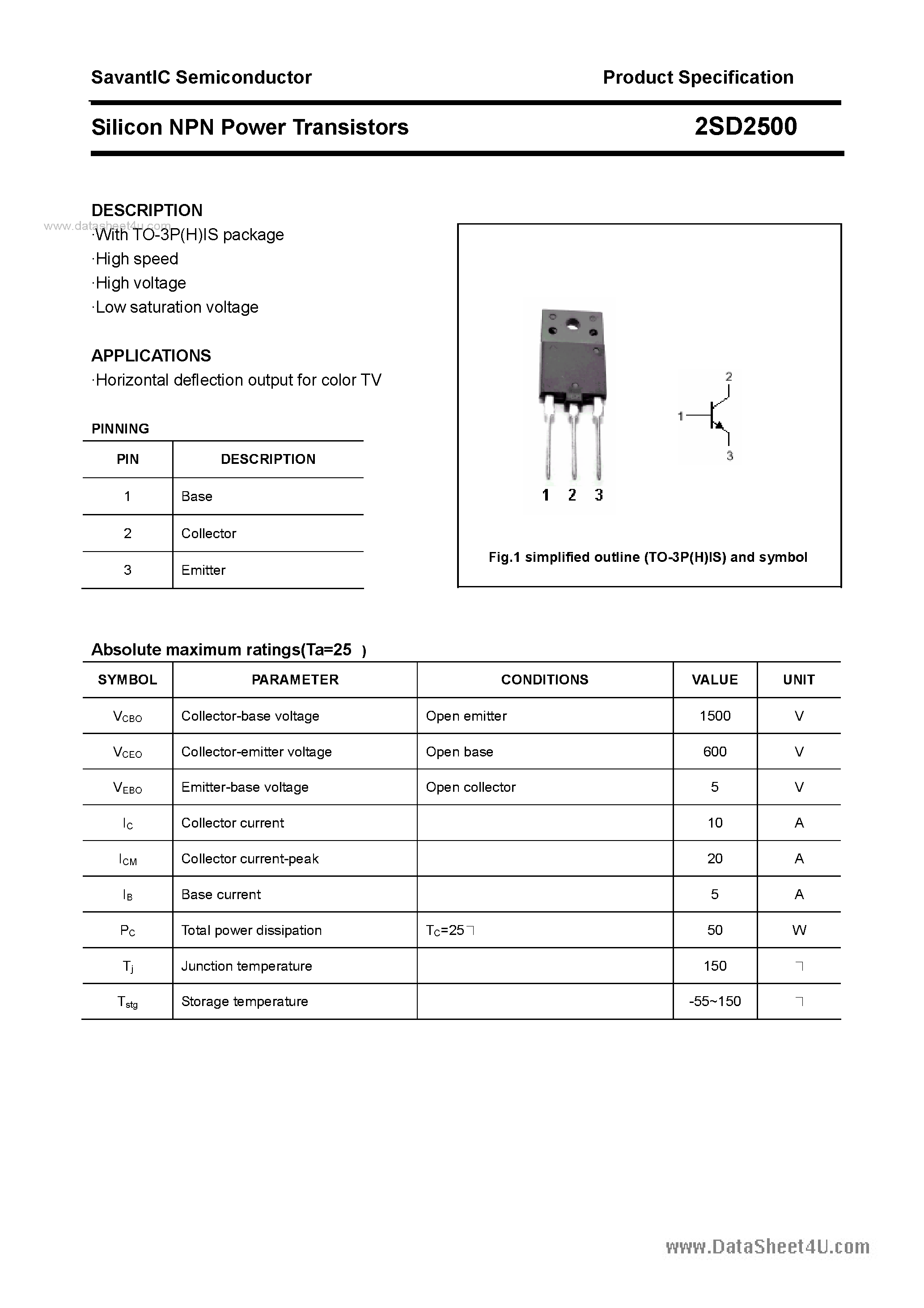 Datasheet 2SD2500 - SILICON POWER TRANSISTOR page 1