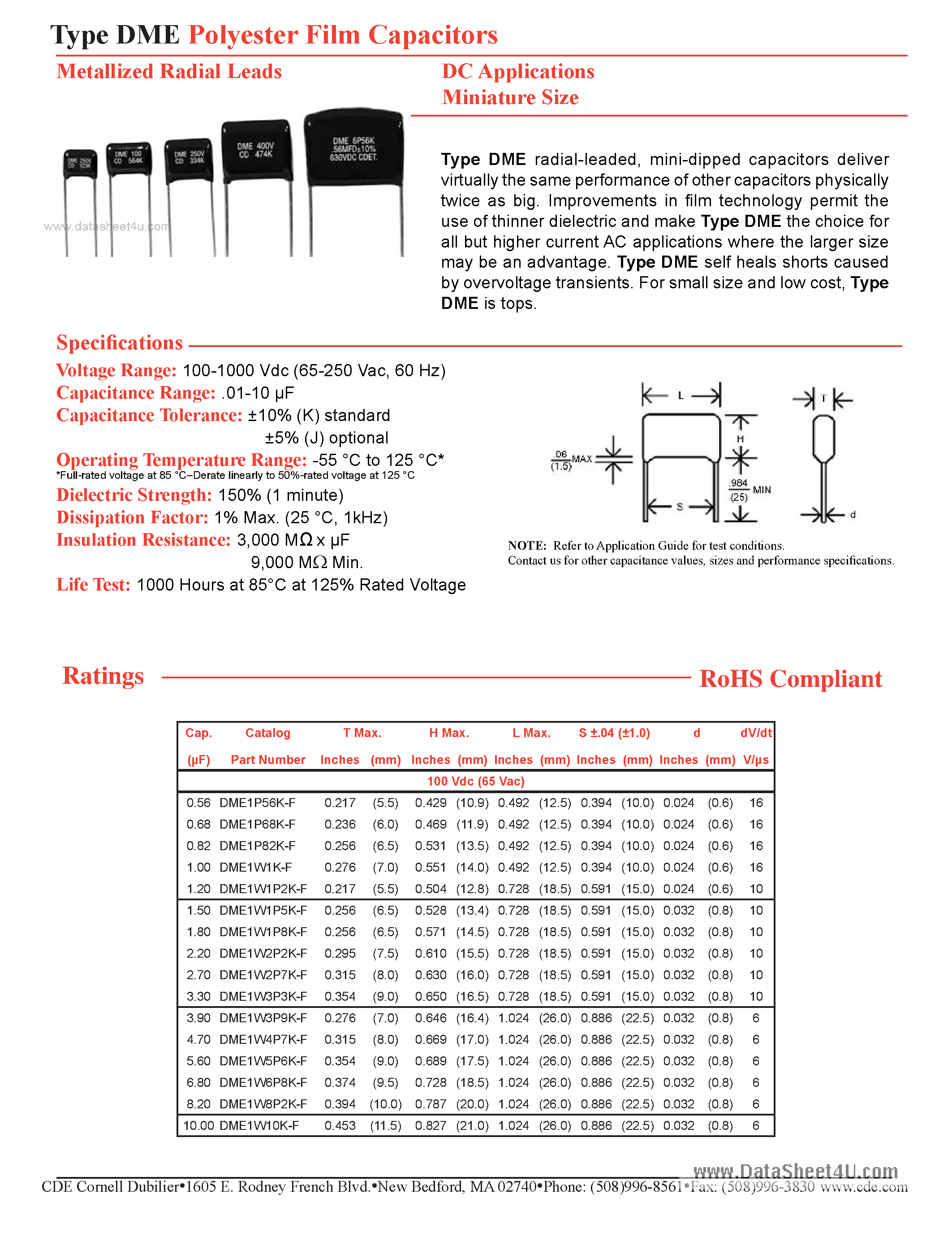 Datasheet DME10P12K-F - Polyester Film Capacitors Metallized Radial Leads page 1