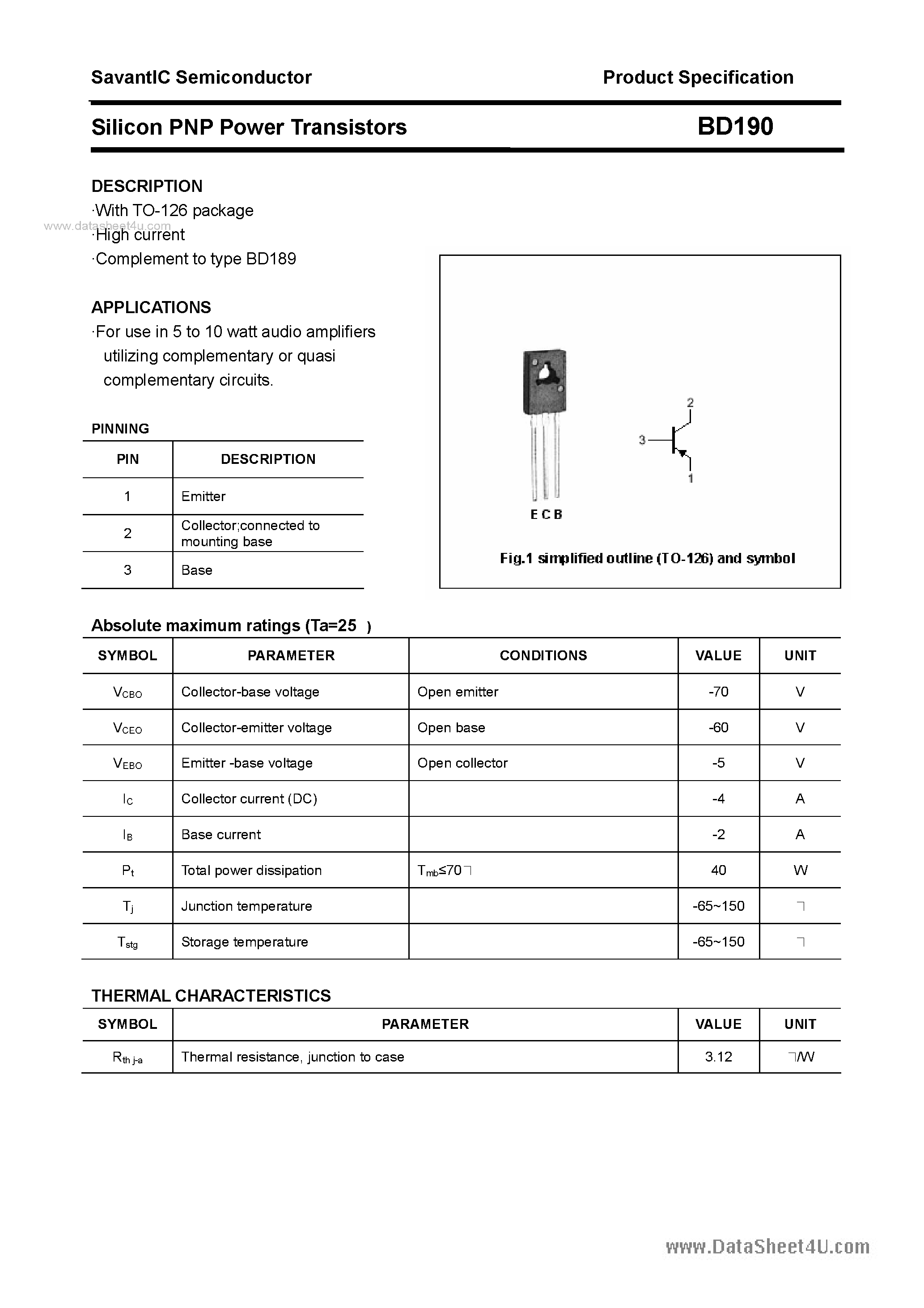 Datasheet BD190 - SILICON POWER TRANSISTOR page 1