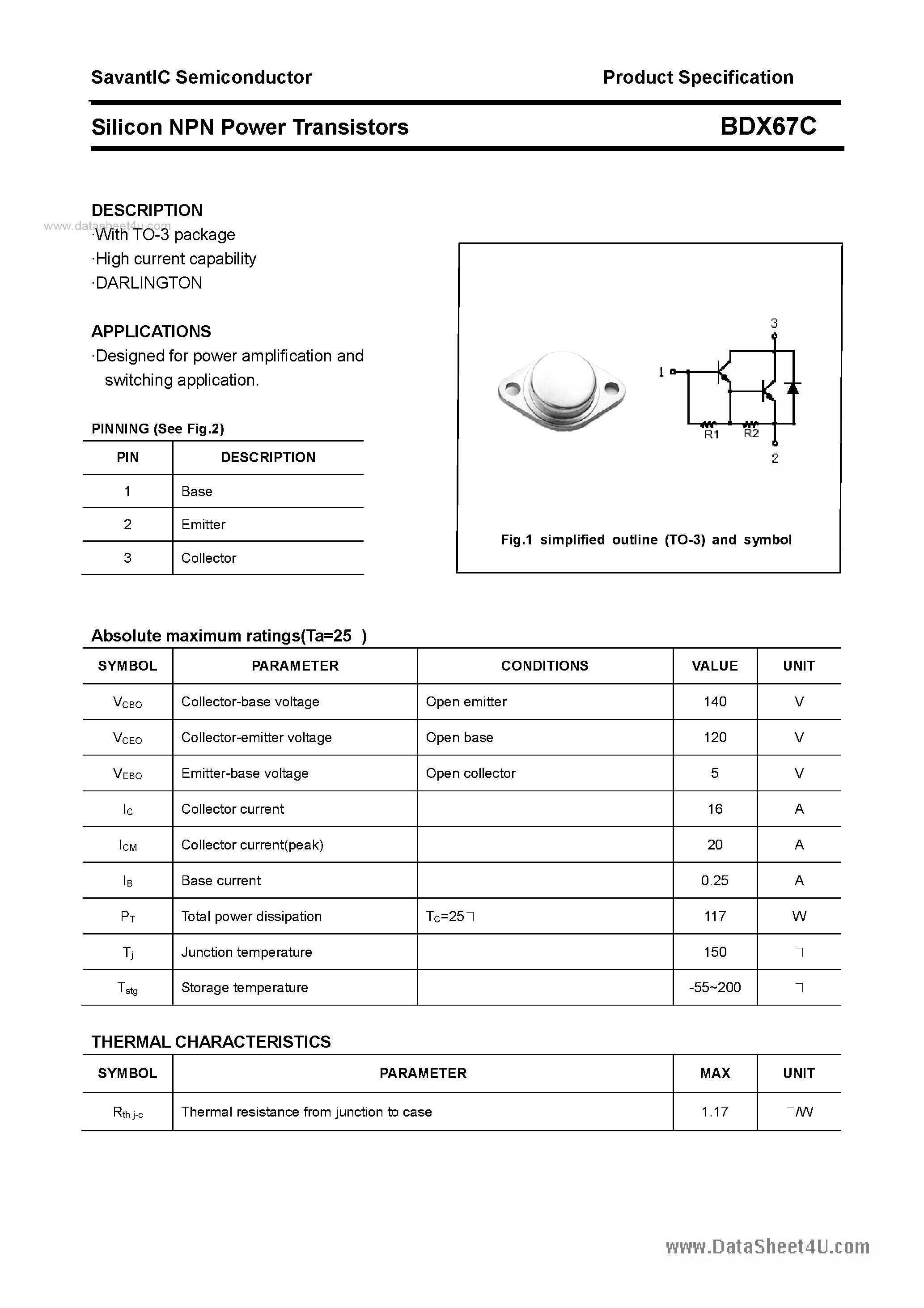 Datasheet BDX67C - SILICON POWER TRANSISTOR page 1