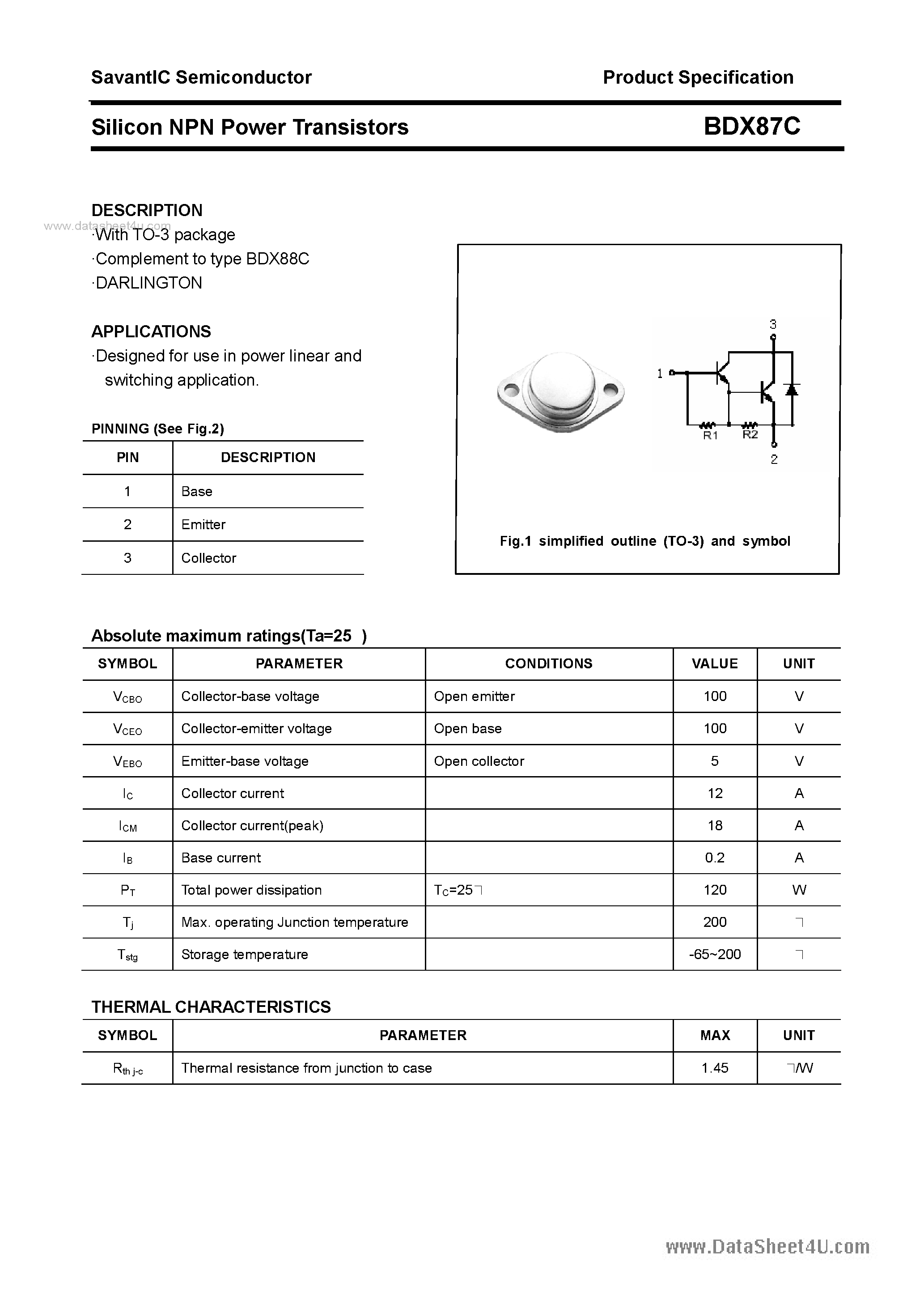 Datasheet BDX87C - SILICON POWER TRANSISTOR page 1