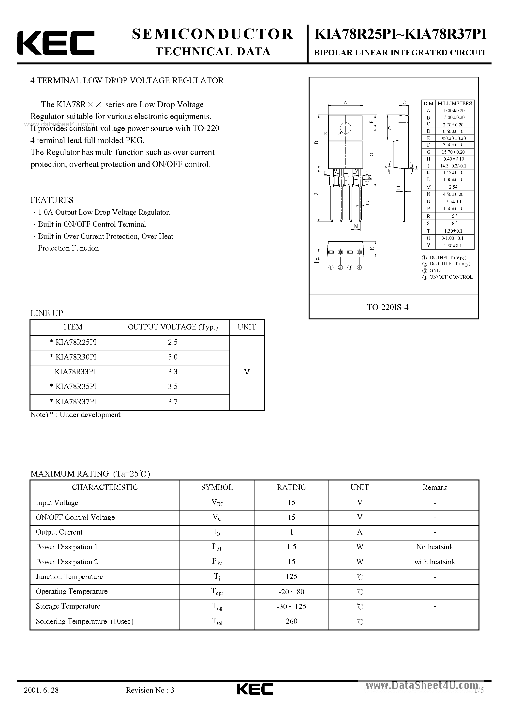 Даташит KIA78R25PI - (KIA78R25PI - KIA78R37PI) Bipolar Linear Integrated Circuit страница 1