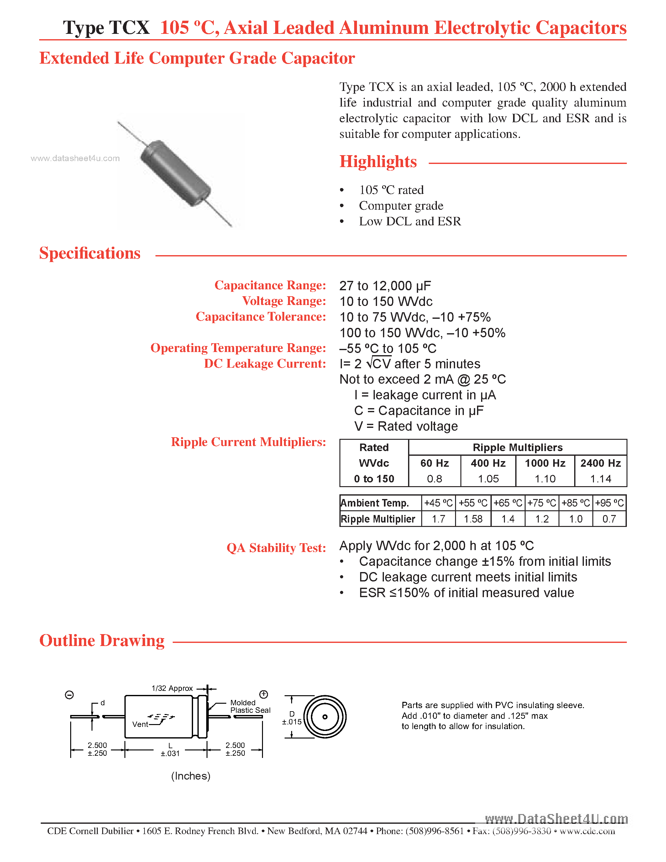 Datasheet TCX101U075J1C - Axial Leaded Aluminum Electrolytic Capacitors Extended Life Computer Grade Capacitor page 1