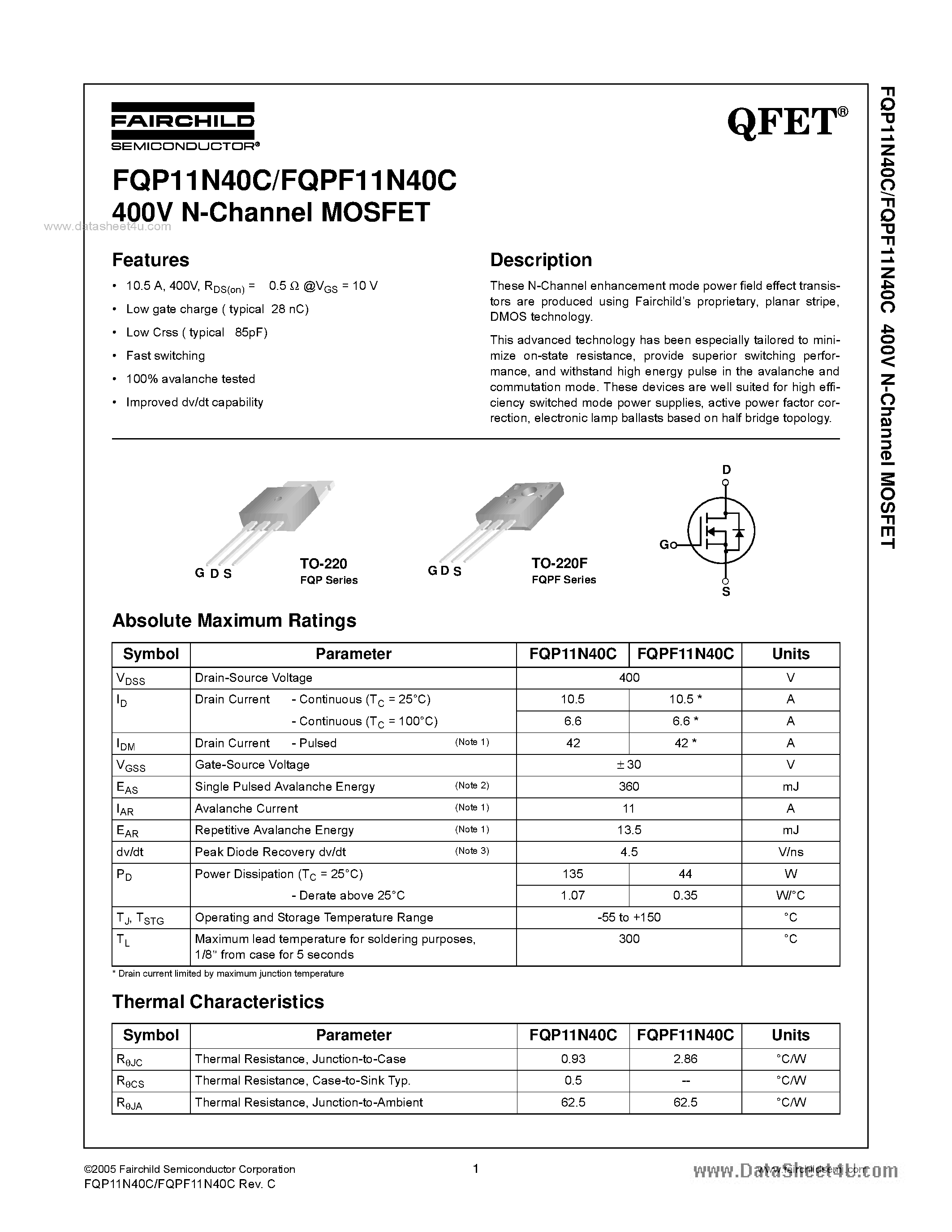 Datasheet FQP11N40C - 400V N-Channel MOSFET page 1