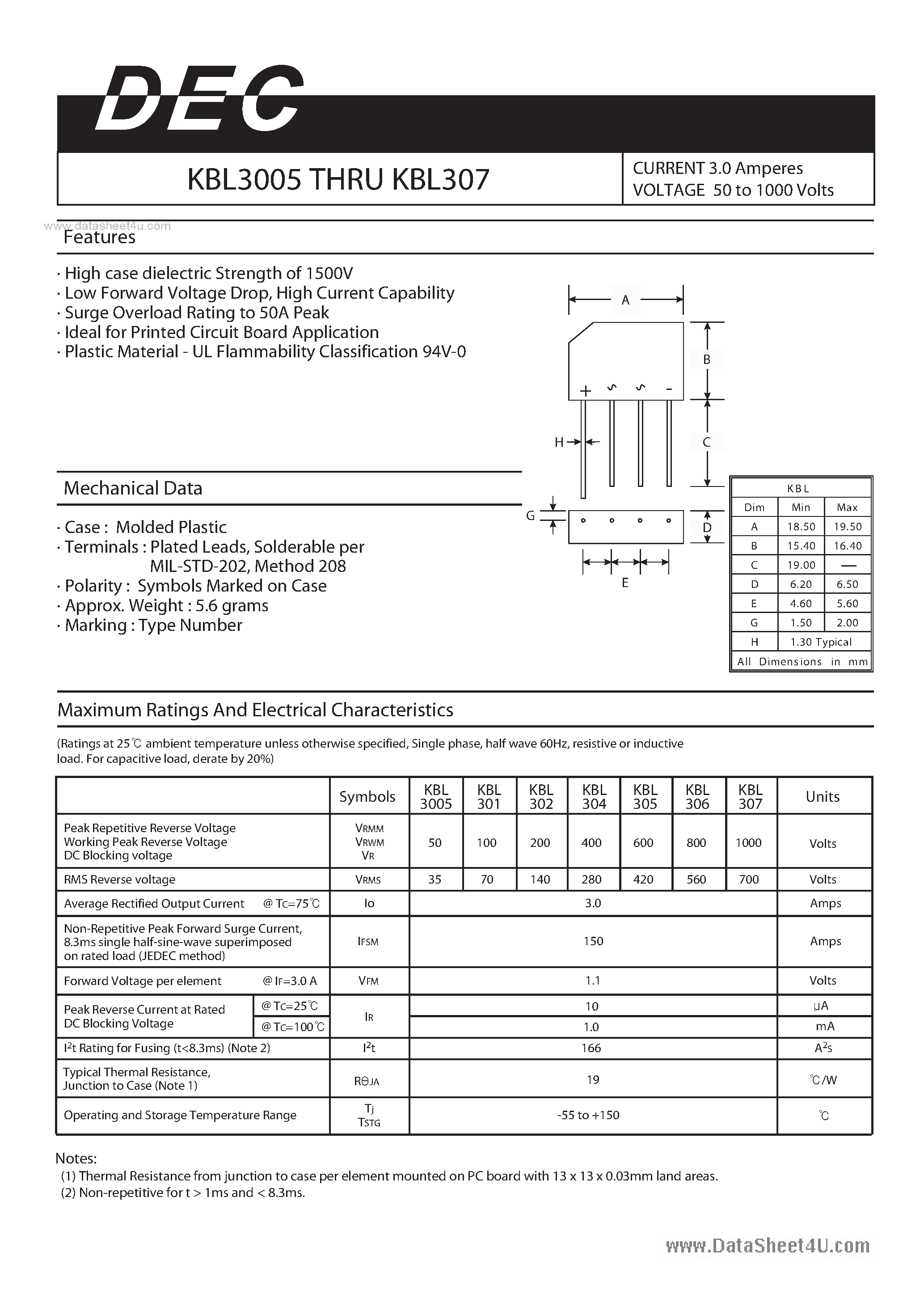 Datasheet KBL3005 - (KBL3005 - KBL307) CURRENT 3.0 Amperes VOLTAGE 50 to 1000 Volts page 1
