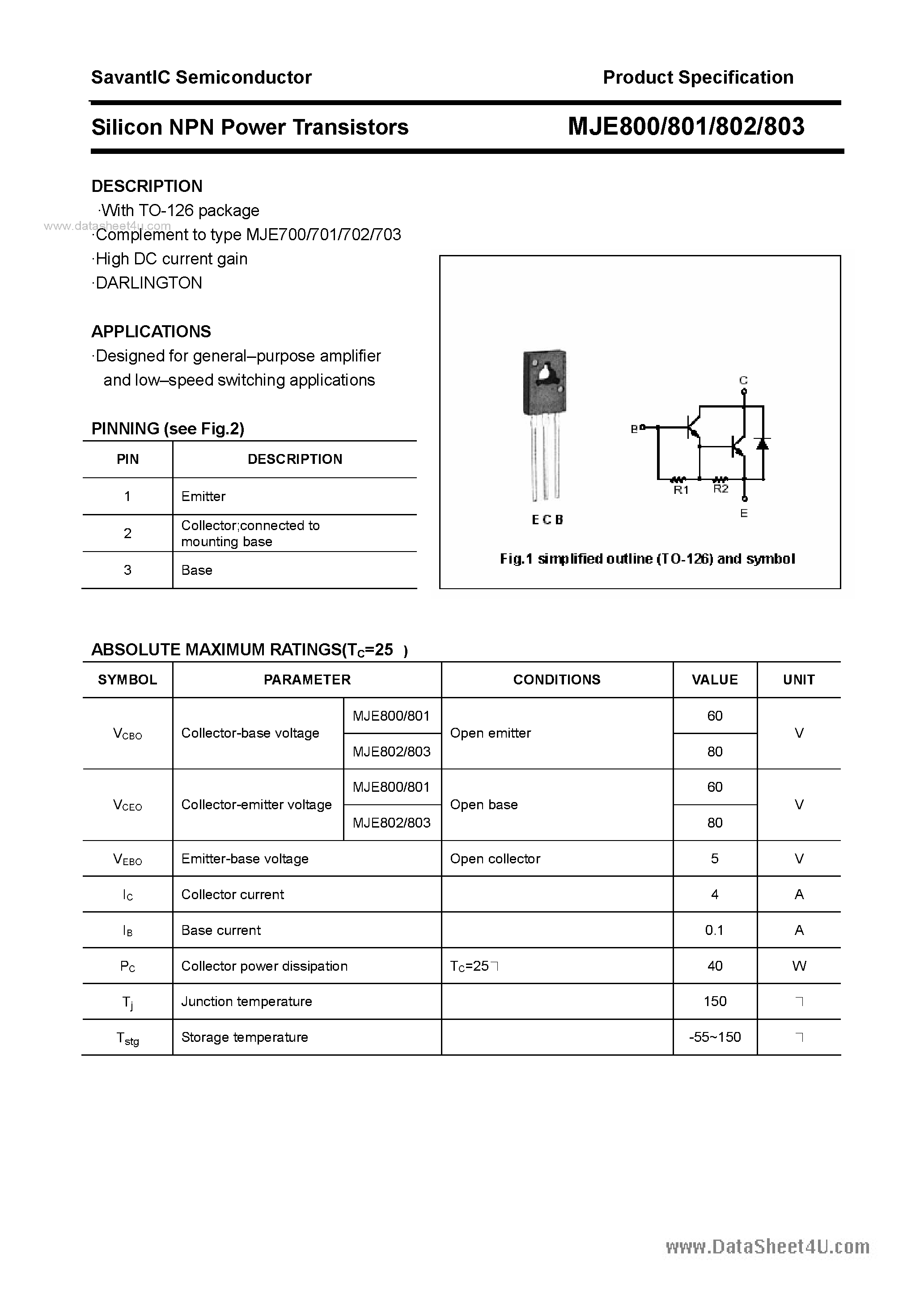 Даташит MJE800 - (MJE800 - MJE803) SILICON POWER TRANSISTOR страница 1