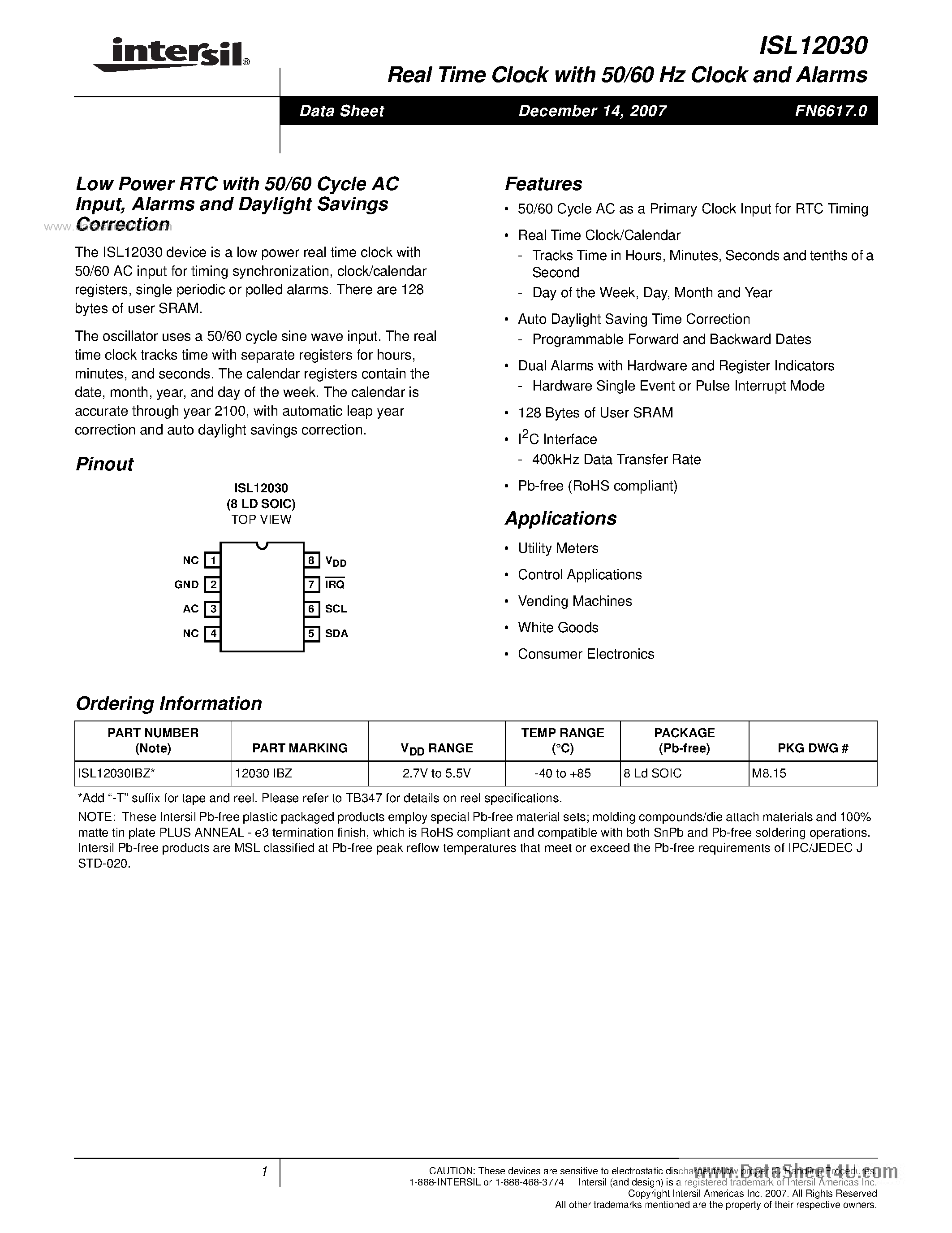Даташит ISL12030 - Low Power RTC страница 1